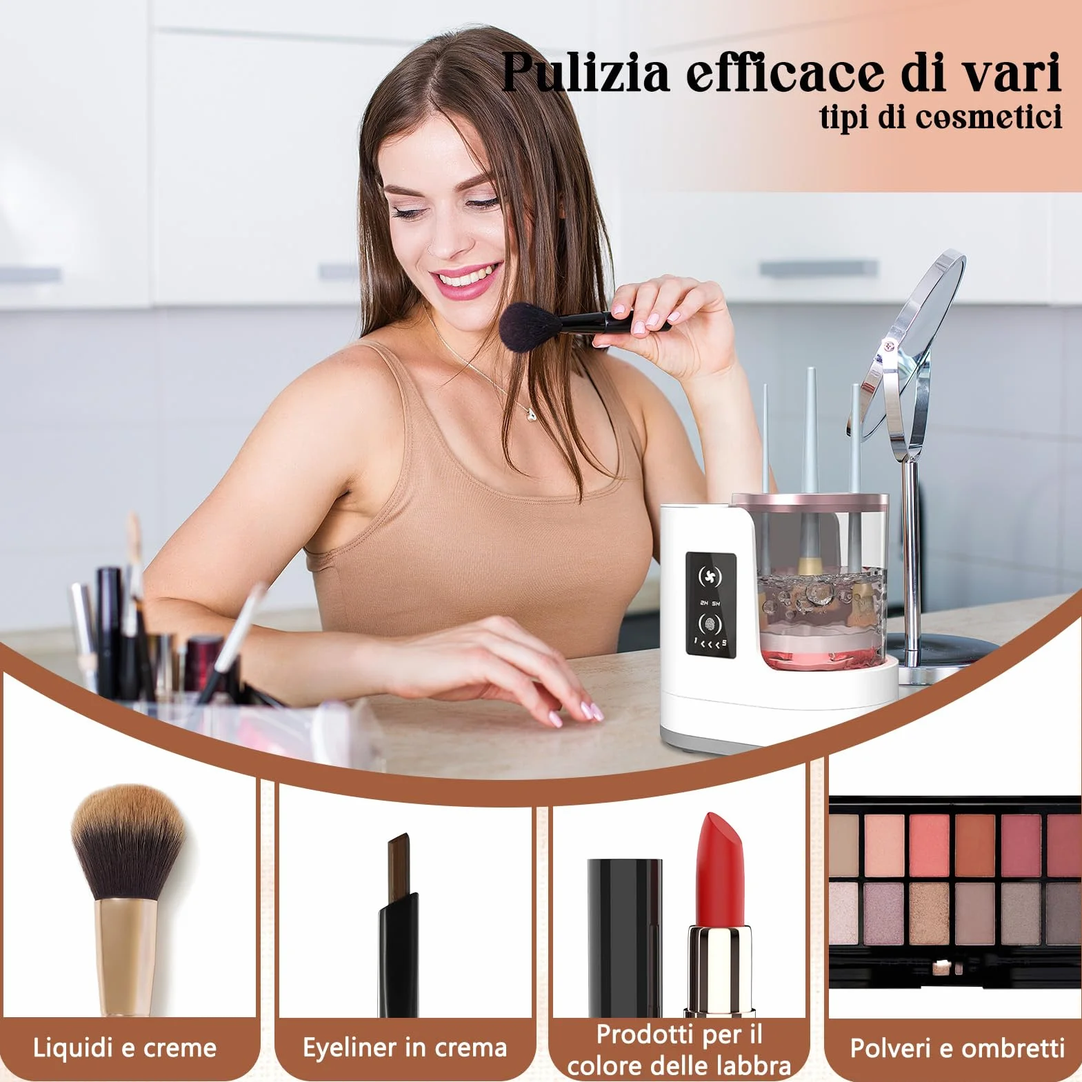 Pulitore Elettrico Automatico 3in1 Pennelli Make-up con Asciugatrice – Macchina Plugin, Includi Stazione Asciugatura & Cura Igienica
