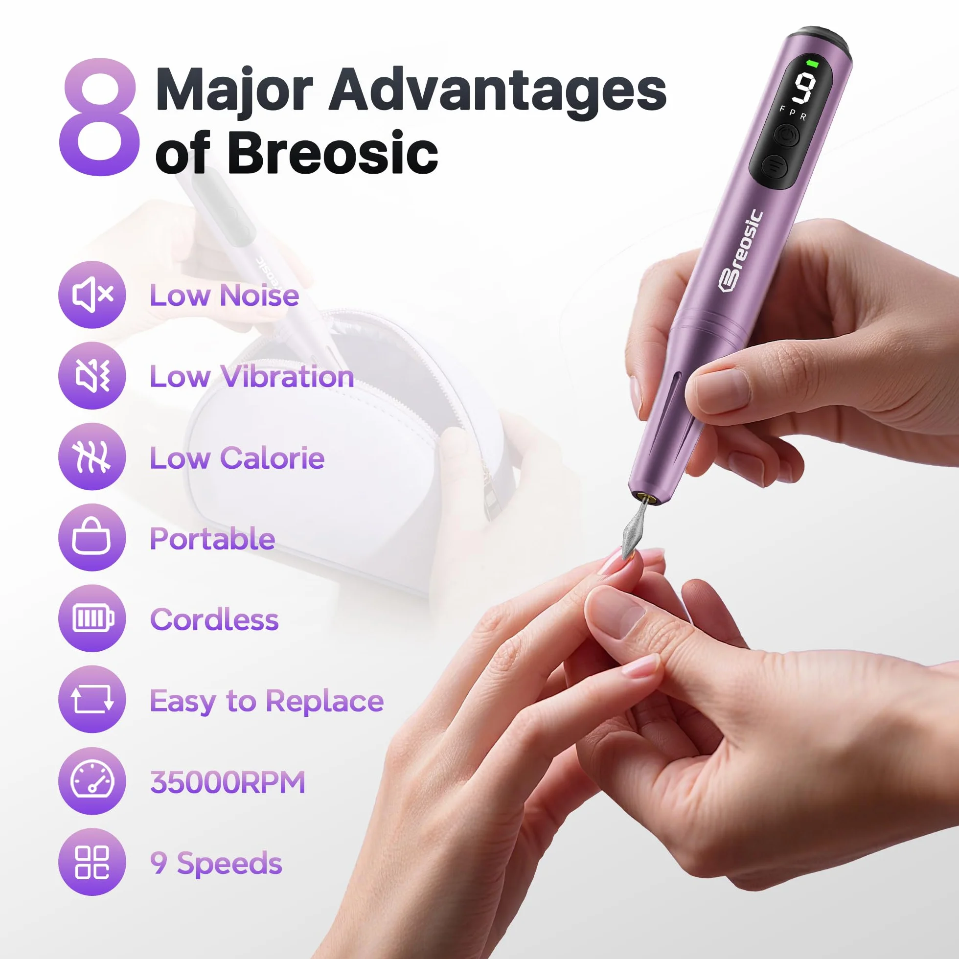 Fresa per Unghie Professionale 35000 Giri Lima Elettrica con Schermo LED 12 in 1 Trapano per Unghie Senza Fili Velocità Regolabile (Viola)
