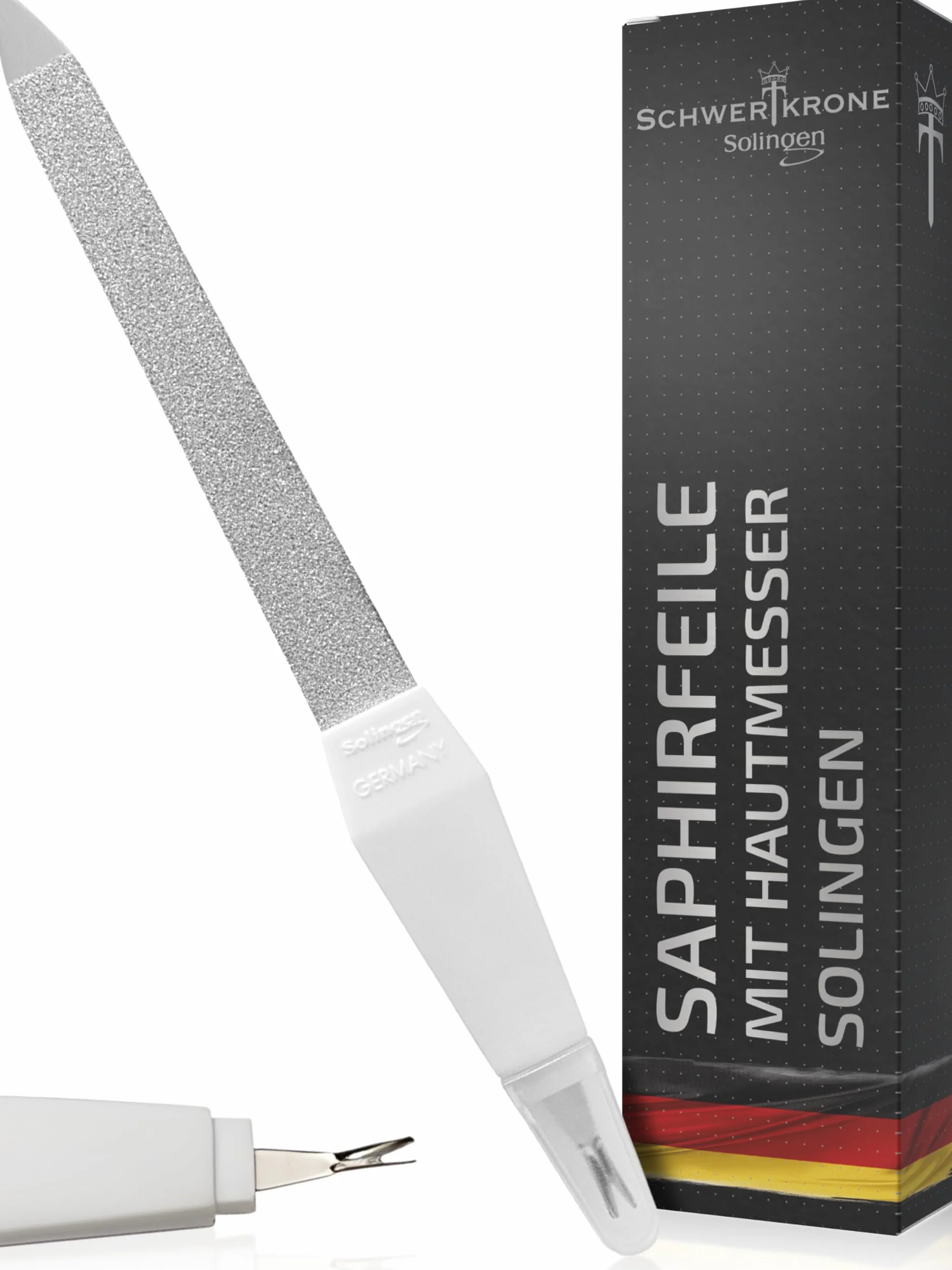 SCHWERTKRONE ® Lima per unghie in zaffiro [Made in Solingen – Germania] con coltello per cuticole a V – Cut & File, tagliacapelli, 16 cm