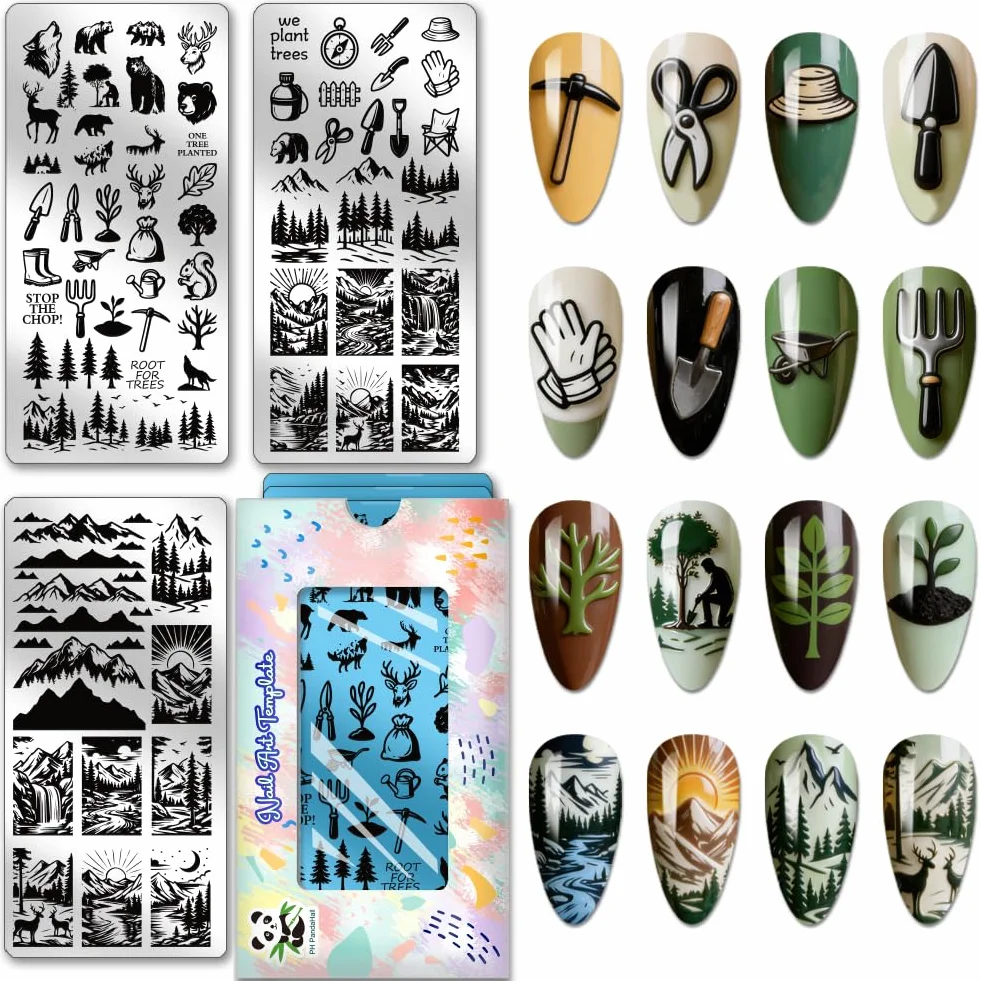 PH PandaHall 3 piastre per stampaggio unghie con alberi animali selvatici modelli per nail art montagne foresta manicure piastra timbro proteggere alberi unghie stencil arte per donne stampa manicure