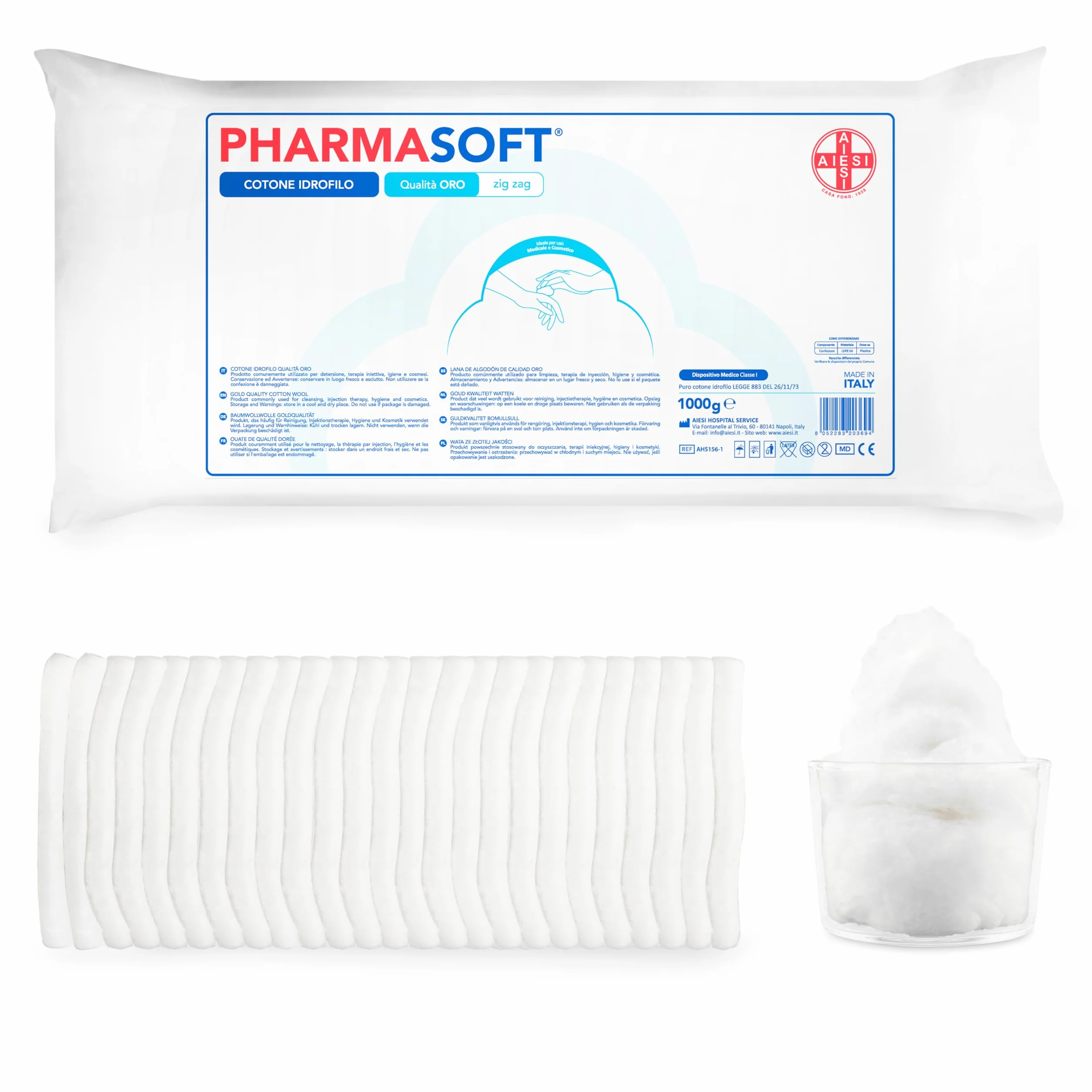 AIESI® Cotone idrofilo (1 kg) qualità oro a zig zag per uso sanitario PHARMASOFT, Made in Italy