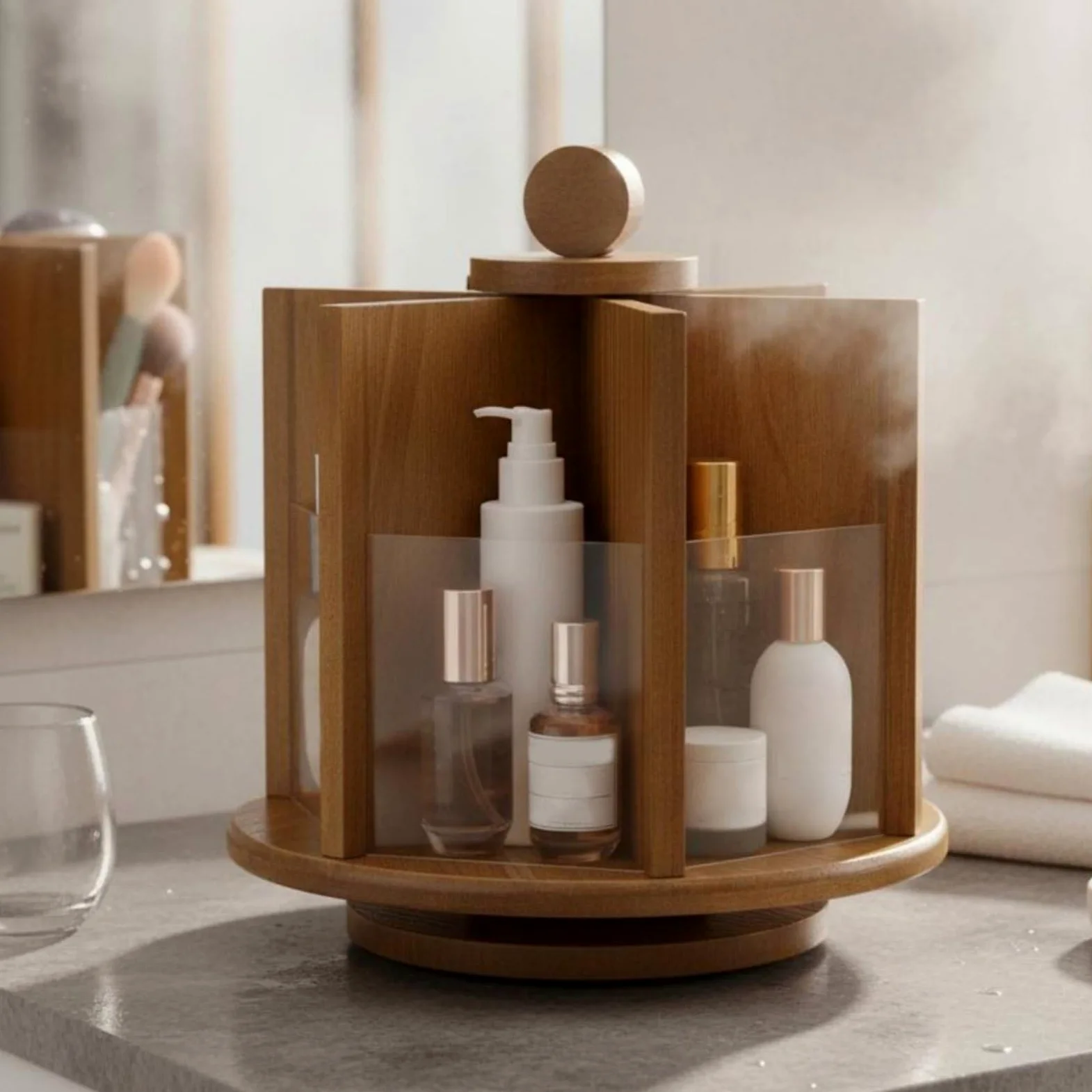 Organizer Rotante Porta Cosmetici Porta Trucco Porta Pennelli Porta Gioielli Realizzato in Bambù E Acrilico con Rotazione a 360 Gradi Adatto per Donna Scrivania Casa, Brown
