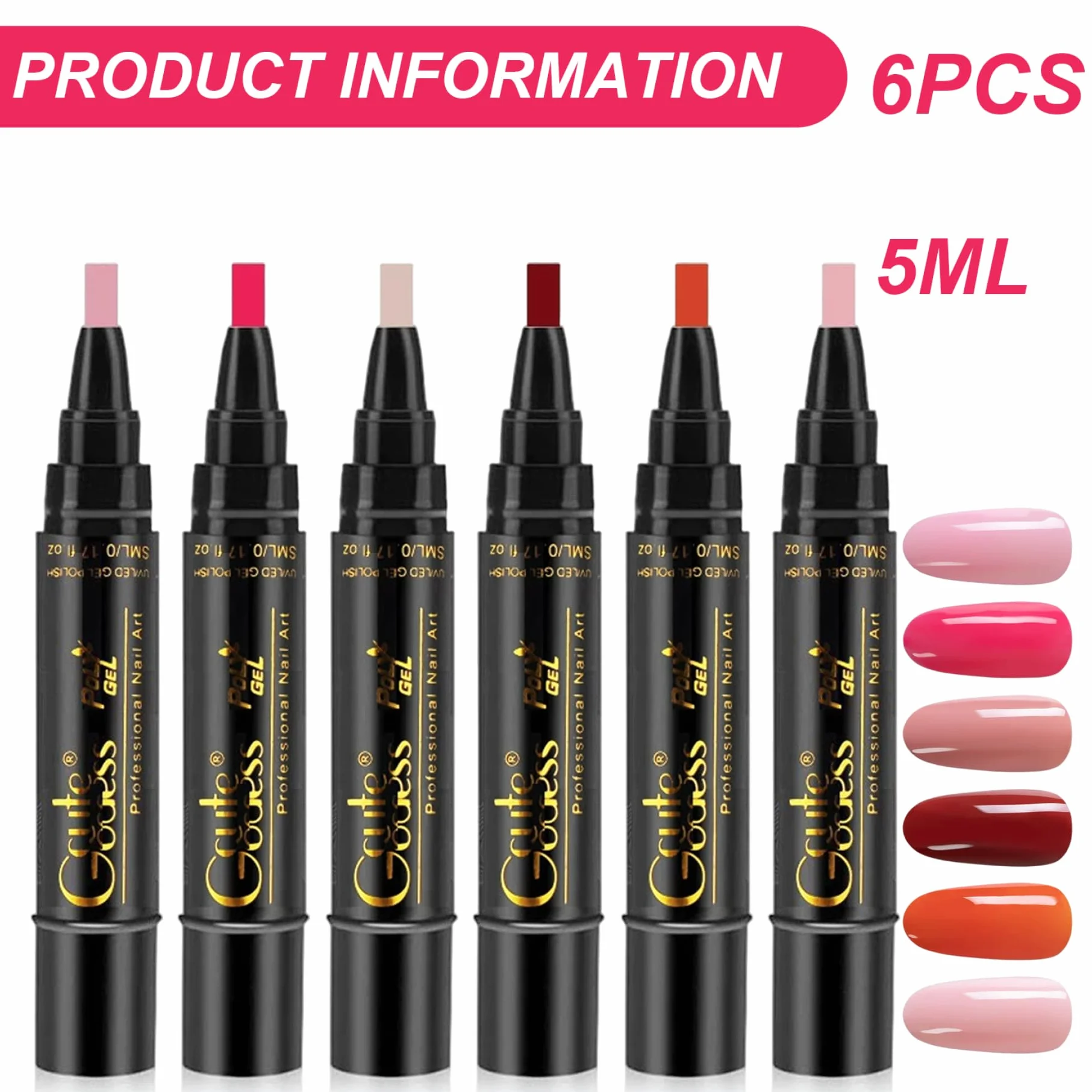 Penne per smalto da 6 pezzi Penne per unghie in gel portatili 3 in 1 ad asciugatura rapida Smalto facile da applicare per manicure domestico e professionale, Decorazione del giardino