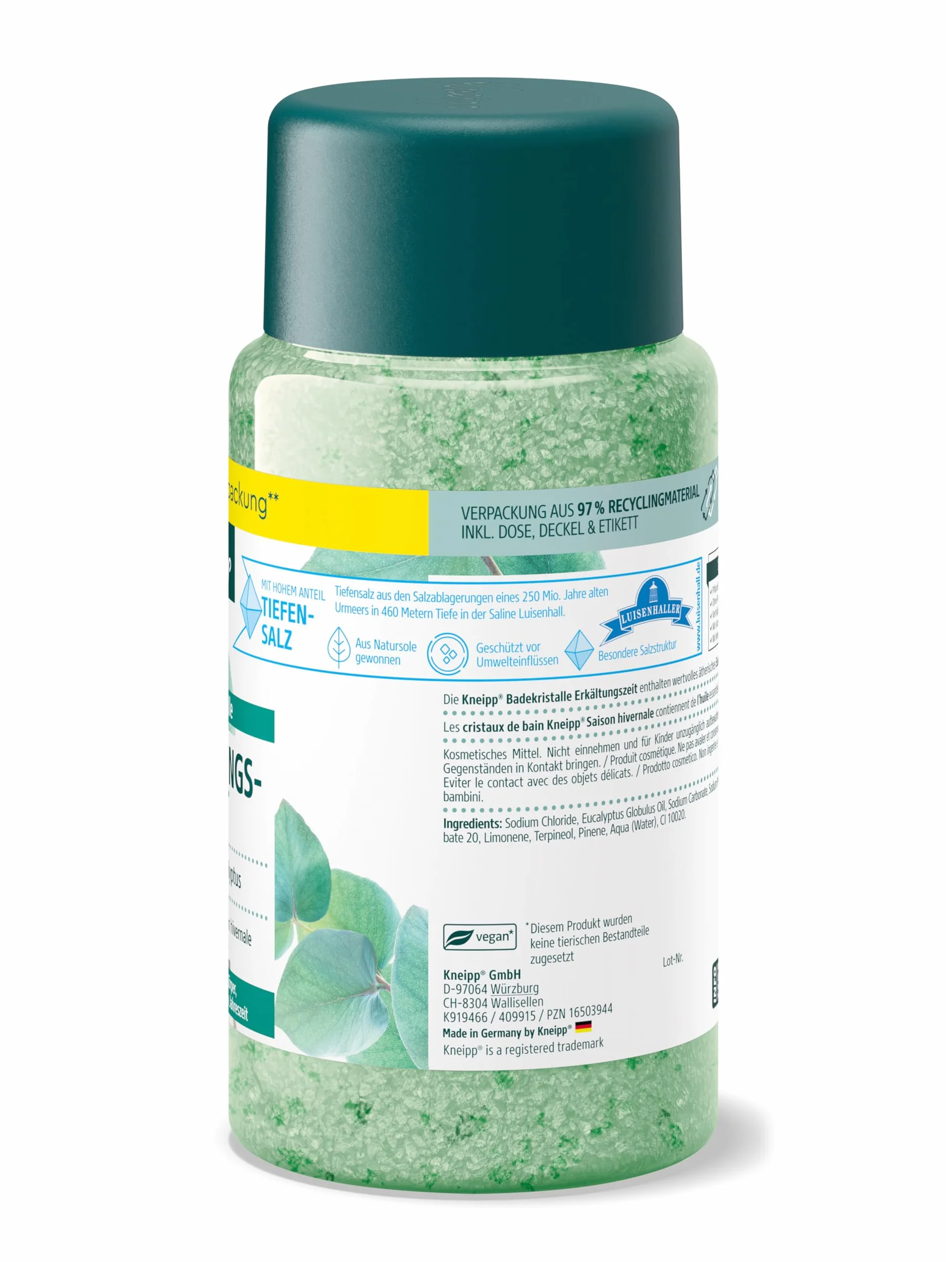 Kneipp Cristalli da bagno per il raffreddore – Sali da bagno – con sale naturale profondo della Saline Luisenhall & oli essenziali naturali di eucalipto e menta, effetto aromacologico – 600 g