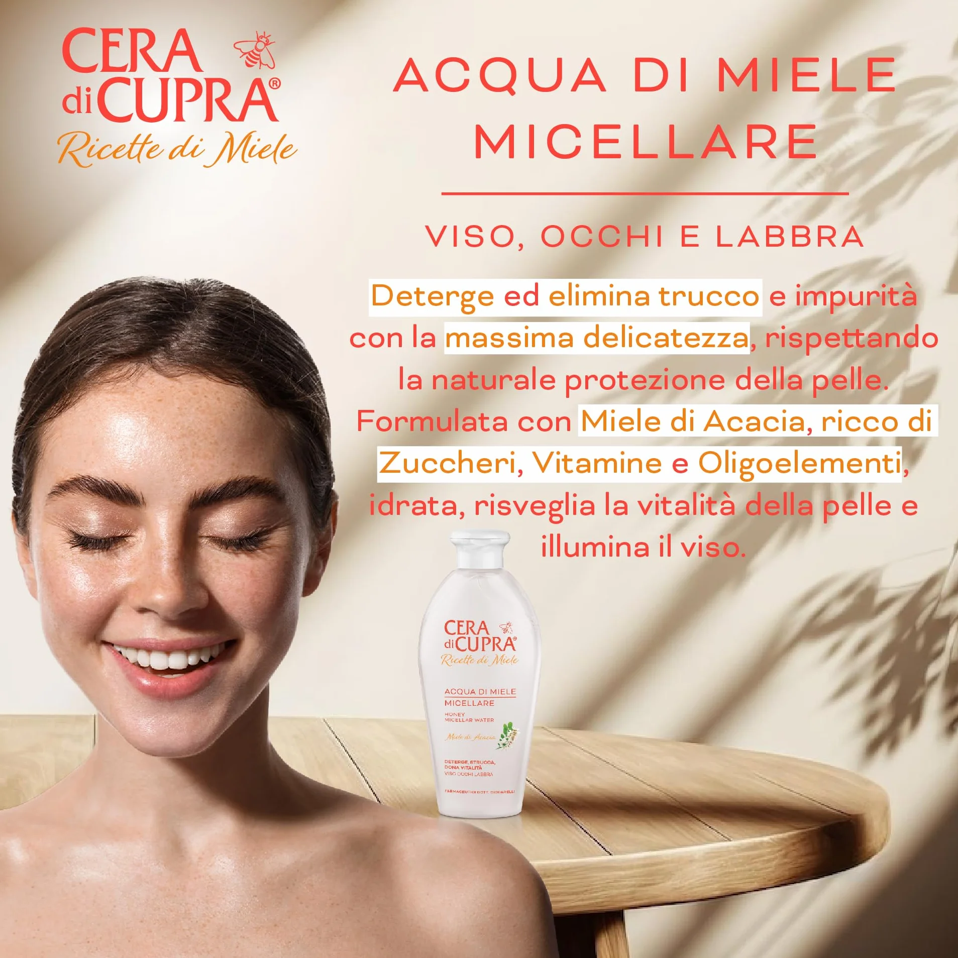 Cera di Cupra Acqua di Miele Micellare 200 ml Deterge Trucco Impurità Viso Occhi Labbra