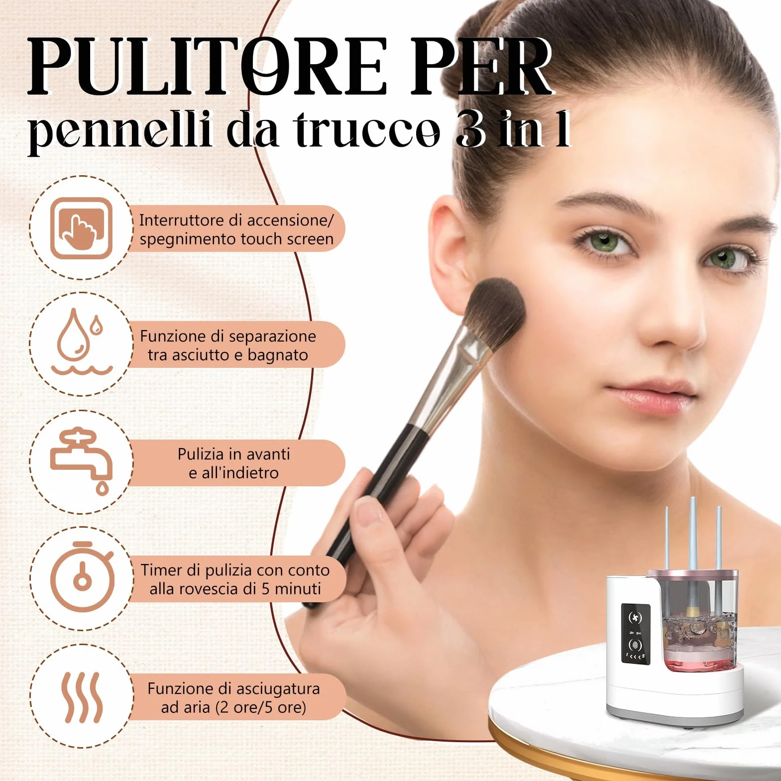 Pulitore Elettrico Automatico 3in1 Pennelli Make-up con Asciugatrice – Macchina Plugin, Includi Stazione Asciugatura & Cura Igienica