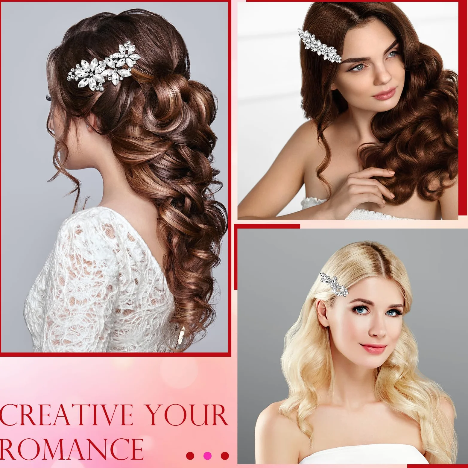 Janinka 10 fermagli per capelli da sposa con strass, forcine per capelli da sposa, forcine argentate per capelli a forma di foglia e fiore, eleganti accessori per capelli per sposa, donne e ragazze