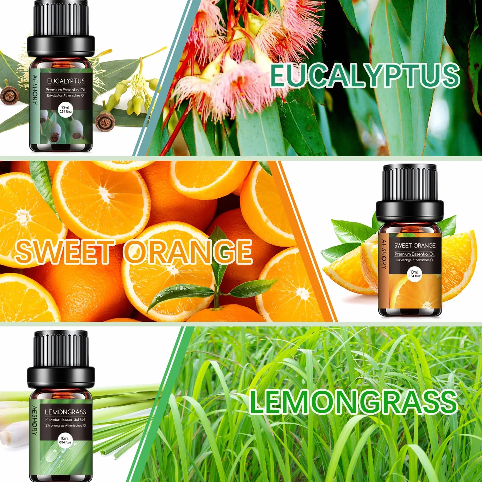 AESHORY Set Oli Essenziali 6x10ML Puri Naturali Aromaterapia Lavanda Tea Tree Menta Piperita Eucalipto Arancia Dolce