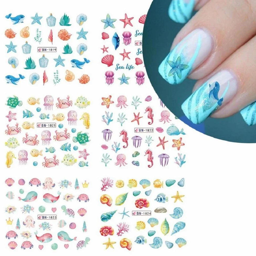 12pcs Ocean Animal Summer Nail Water Decalcomanie Starfish Coral Reef Seaweed Sticker Sea Life Nails Art Transfer Slider