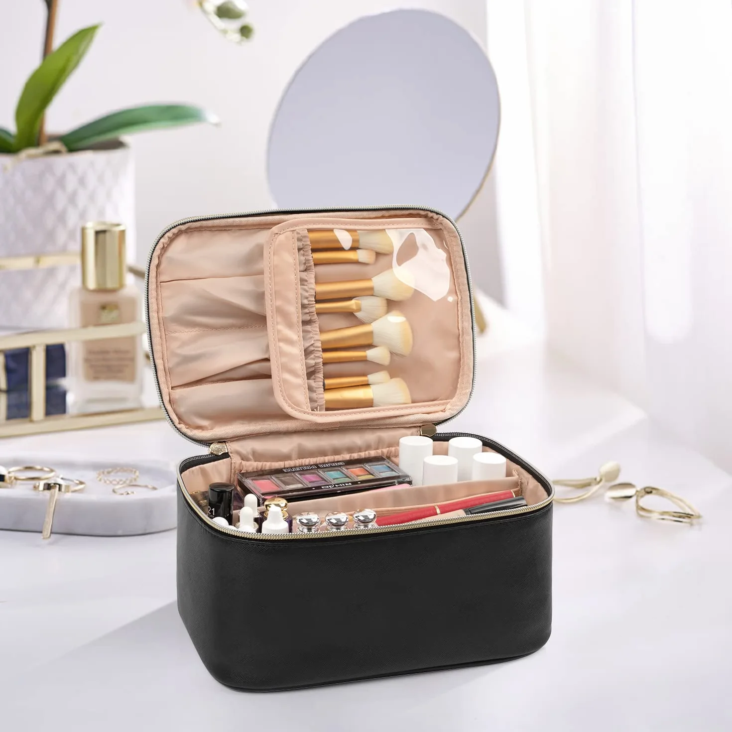 Borsa per il trucco, borsa cosmetica portatile, organizer per il trucco da viaggio, grande capacità, nera per donne, borsa da toeletta per ragazze con manico e divisorio da viaggio, A-Nero, Da viaggio