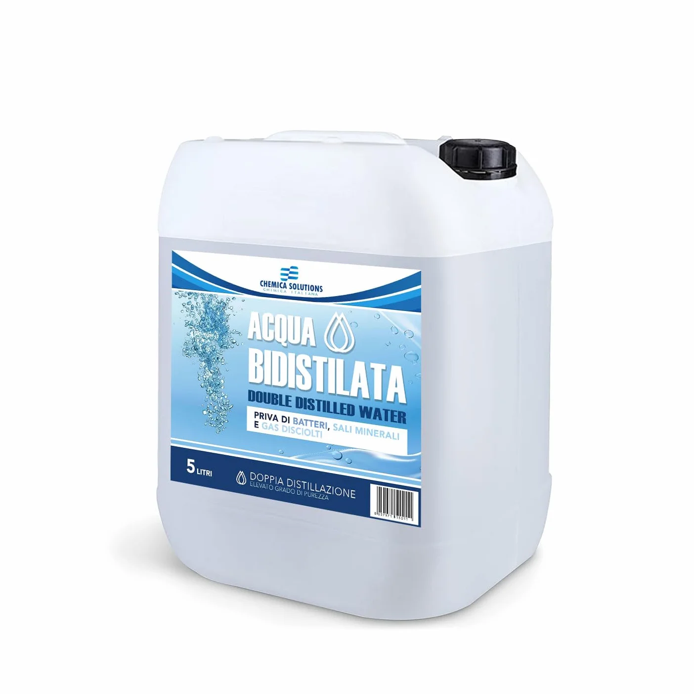 CHEMICA SOLUTIONS Acqua Bidistillata Pura per Uso Industriale e clinico tanica da 5 Litri, Distillata Due Volte, Demineralizzata, per Ferri da Stiro, umidificatori, batterie e Altro Made in Italy