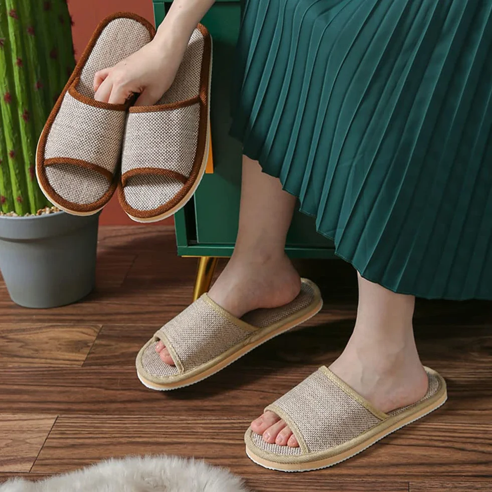 Set di 6 paia di pantofole in lino, per ospiti, con punta aperta, pantofole da bagno, antiscivolo, lavabili