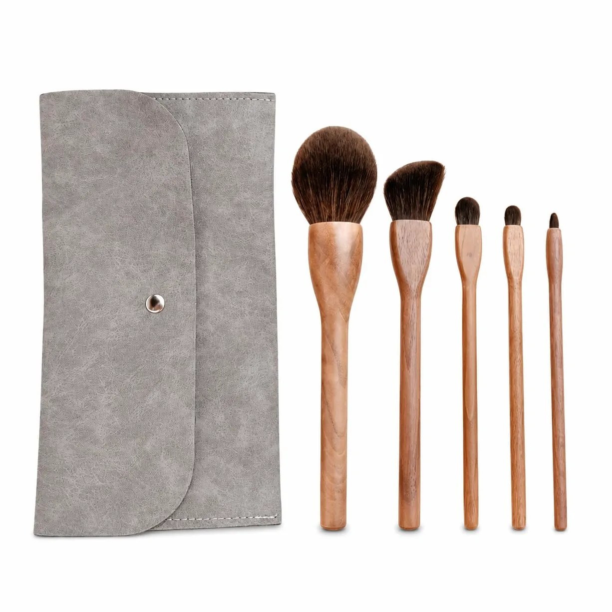 Kit Pennelli da Trucco Professionali con Manico in Legno e Fibra Sintetica per e Trucco, per bellezza - per uso quotidiano, Set di 5 pennelli quotidiani con borsa a busta grigia
