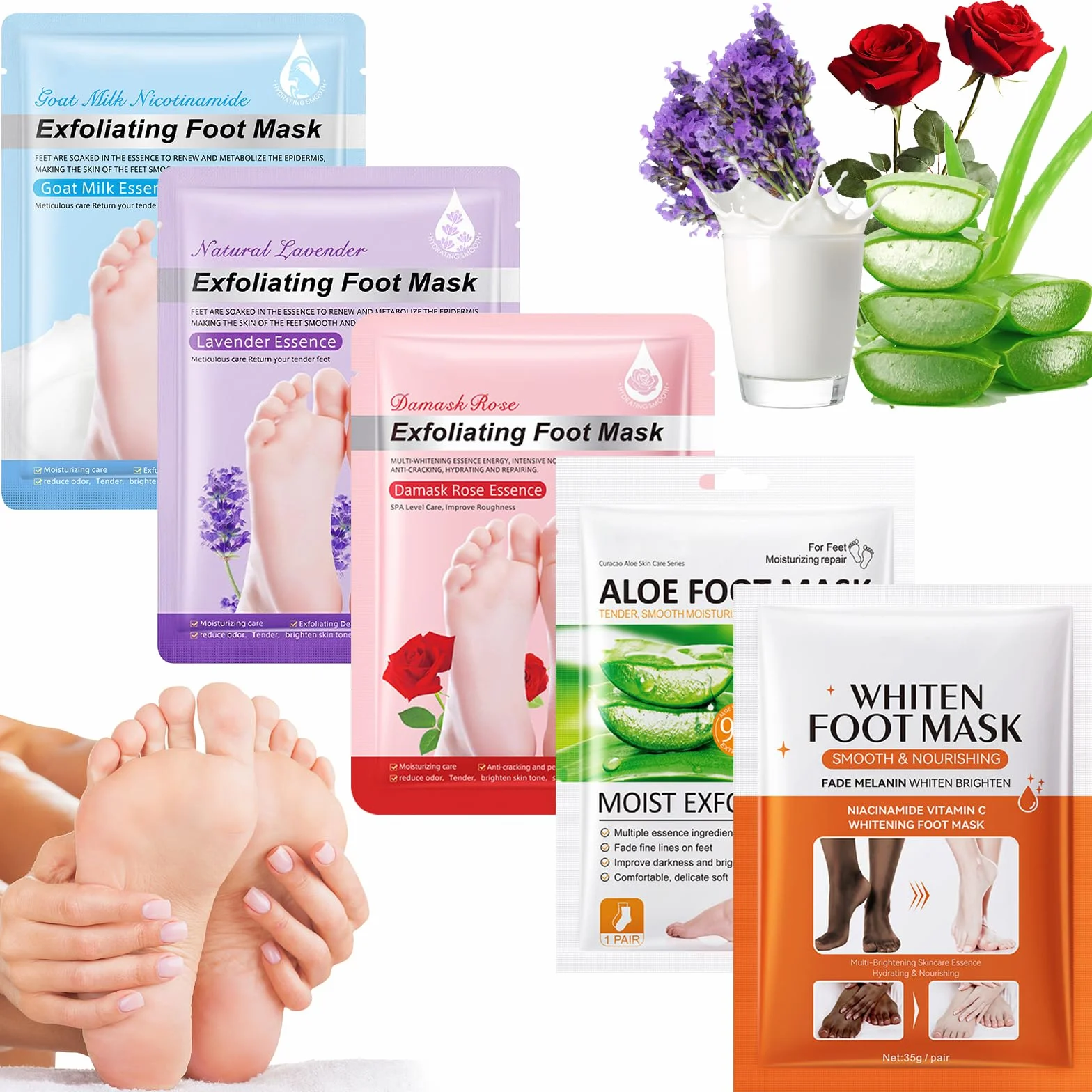 5 Paia Maschera Piedi Esfoliante, Calzini Idratanti per Piedi, Foot Peel Mask per Calli, Pelle Morta e Talloni Screpolati, Lavanda Latte di Capra Rosa Aloe Sbiancamento Foot Mask per Donne e Uomini