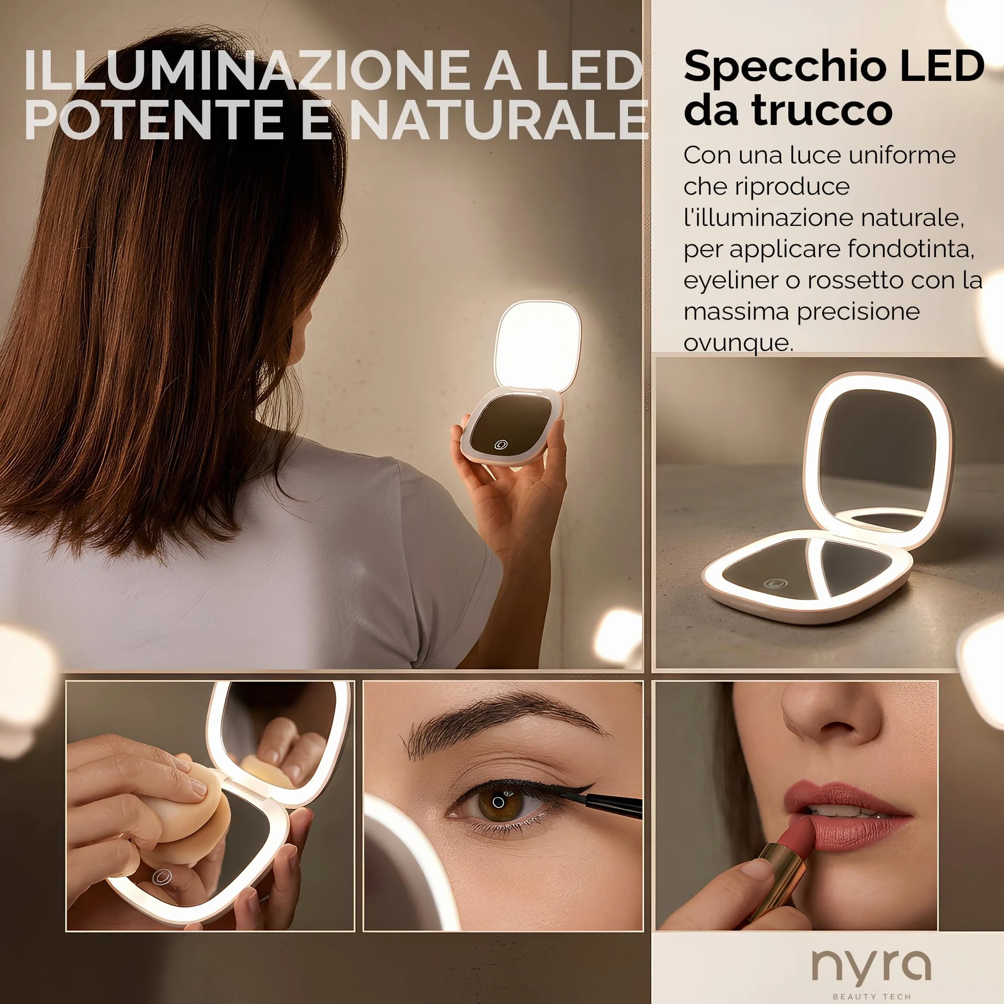 Specchio da viaggio a LED ricaricabile Nyra, 3 modalità luce, luminosità regolabile, ingrandimento x1 x3, batteria 400 mAh, ricarica tipo C