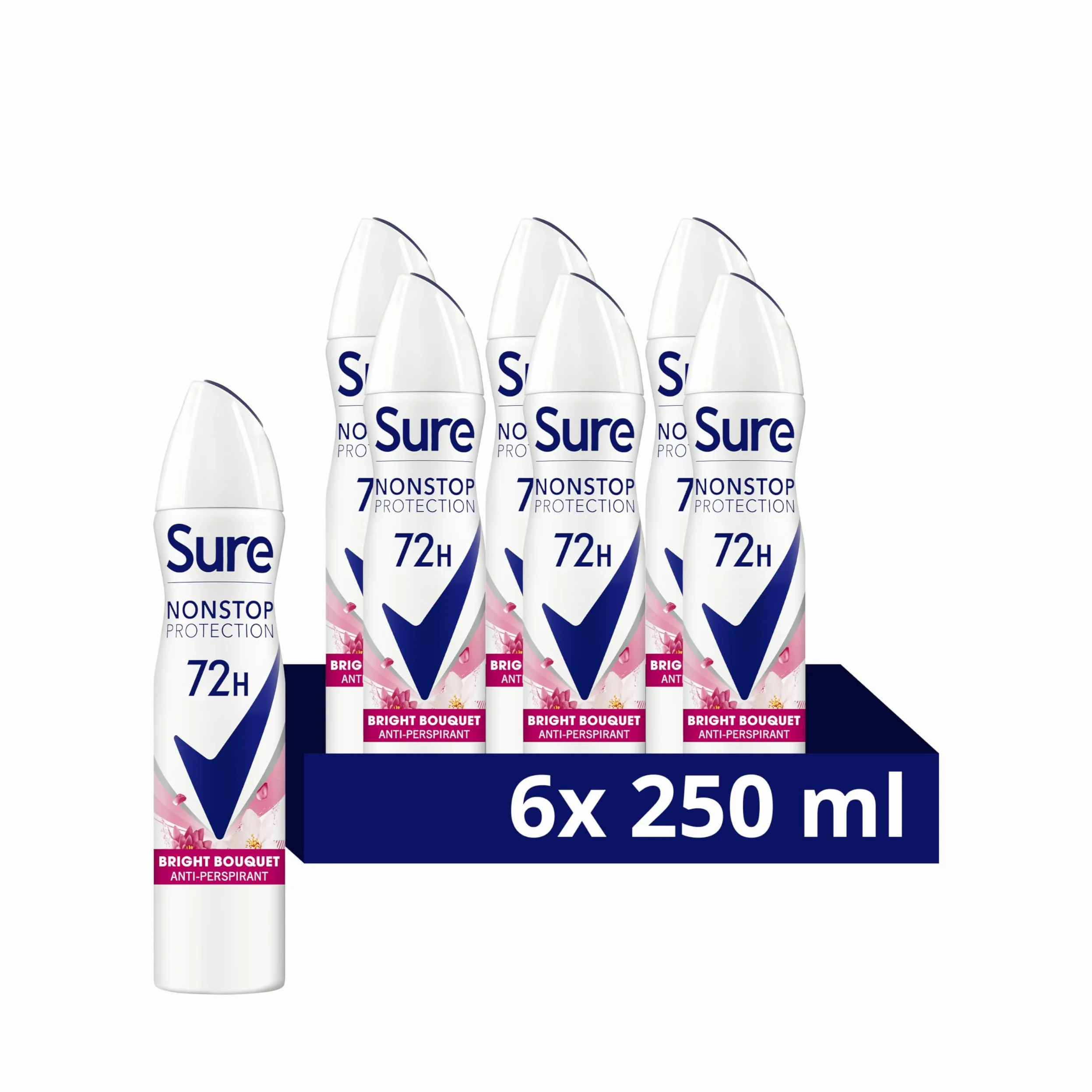 Sure Deodorante spray per il corpo da donna, anti-stop, con profumo di fragola e vaniglia e tecnologia attivata dal calore corporeo, per 72 ore di protezione dal sudore, 250 ml, confezione da 6