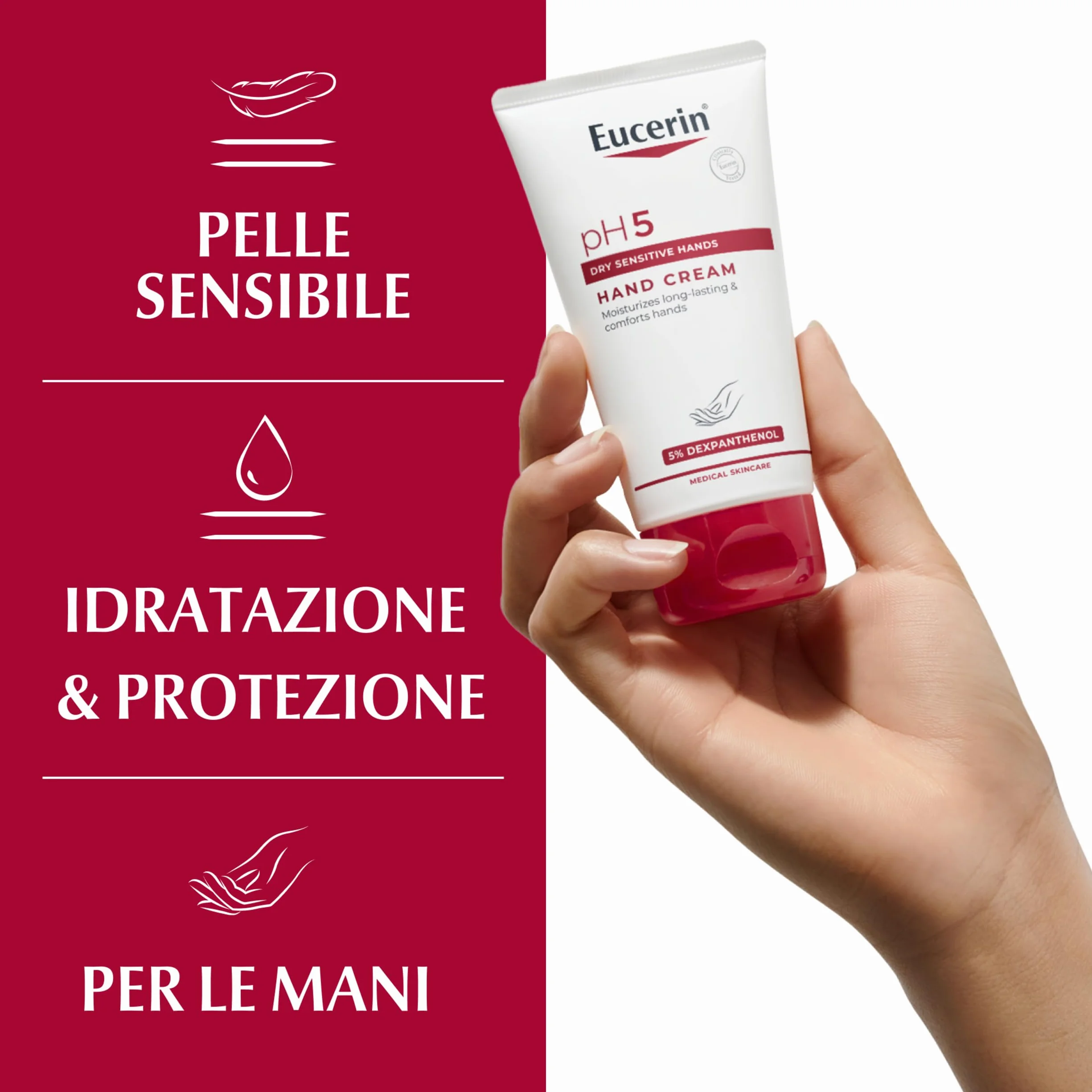 Eucerin pH5 Crema Mani 75 ml, Crema mani secche e screpolate ad assorbimento rapido per un'idratazione di lunga durata, Formula riparatrice con Dexpantenolo per pelle secca e sensibile
