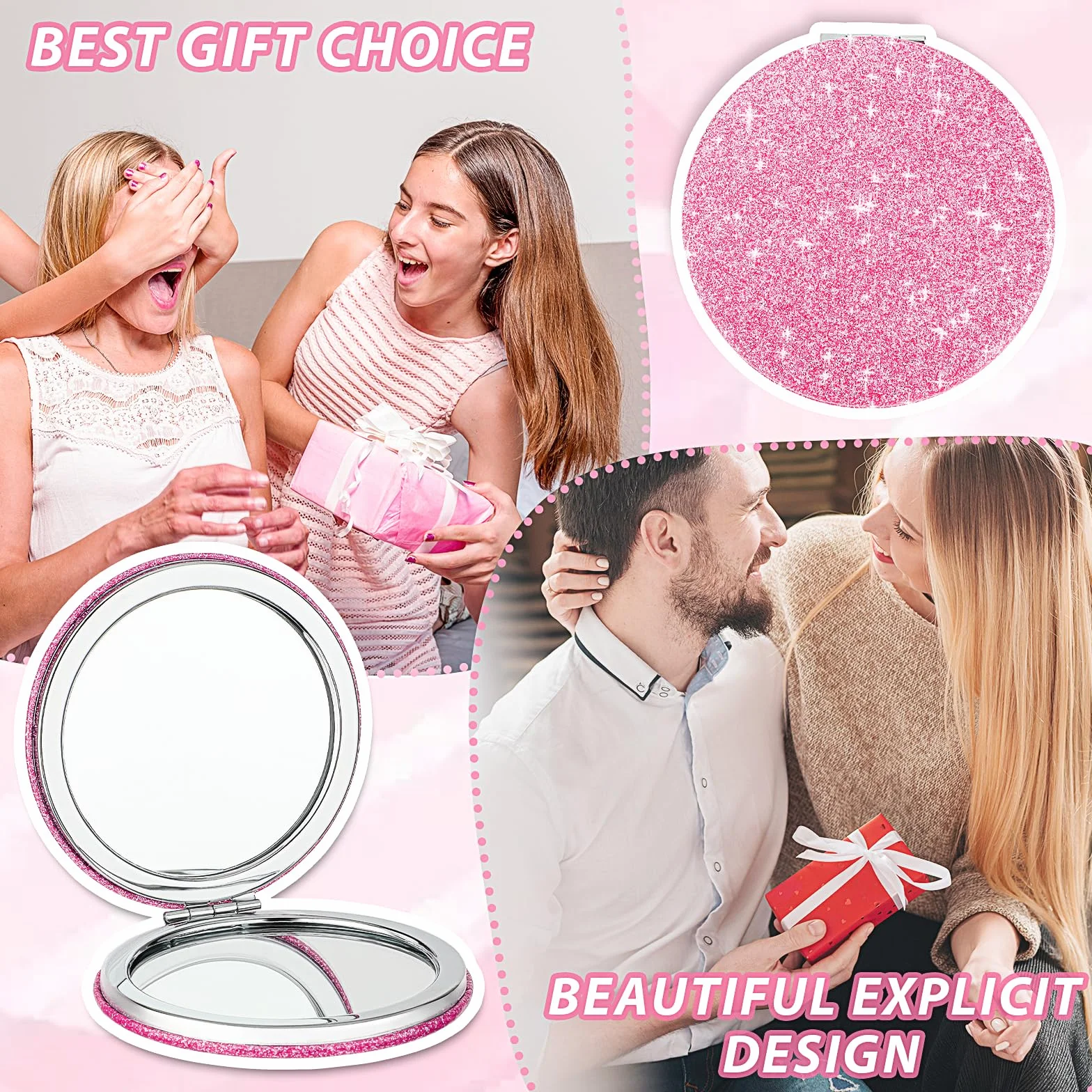 Andibro Specchio Compatto Tascabile Glitter Mini Rotondo per Trucco Pieghevole Palmare 2 Lati Ingrandimento 1x/2x Portatile per Donne Ragazze