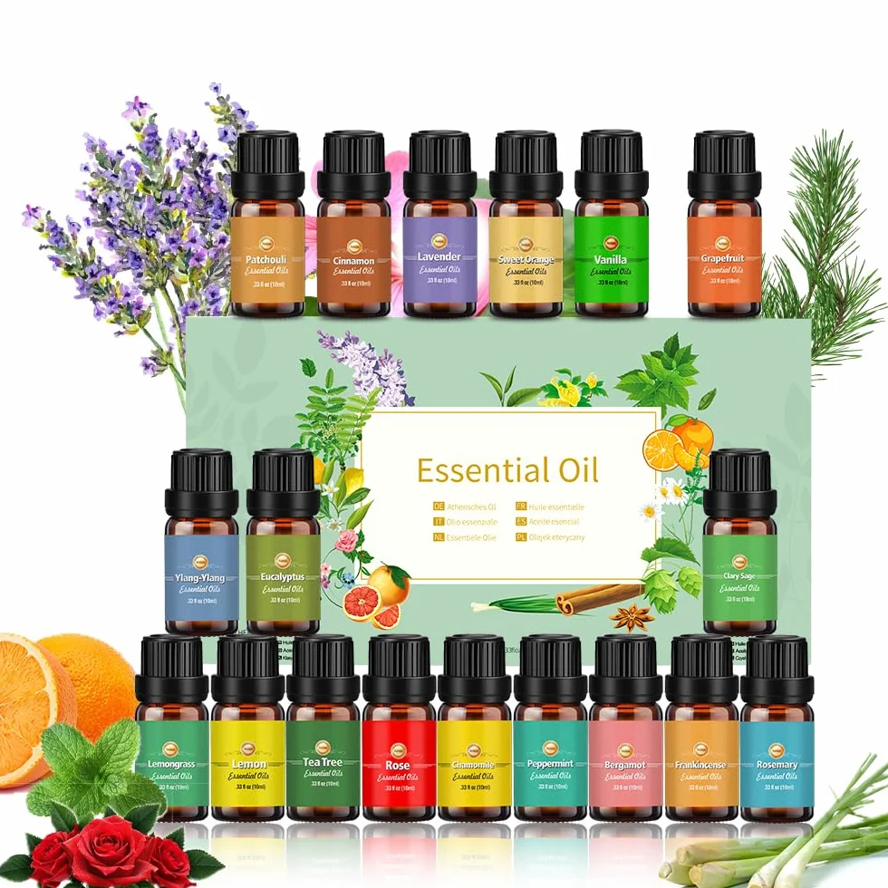 Oli Essenziali per Diffusori, Set di olio essenziale 18 x 10 ml, Essenze Naturali,Tea Tree Lavanda Rosmarino Eucalipto Ylang-ylang Incenso Citronella Arancia Menta Limone Bergamotto