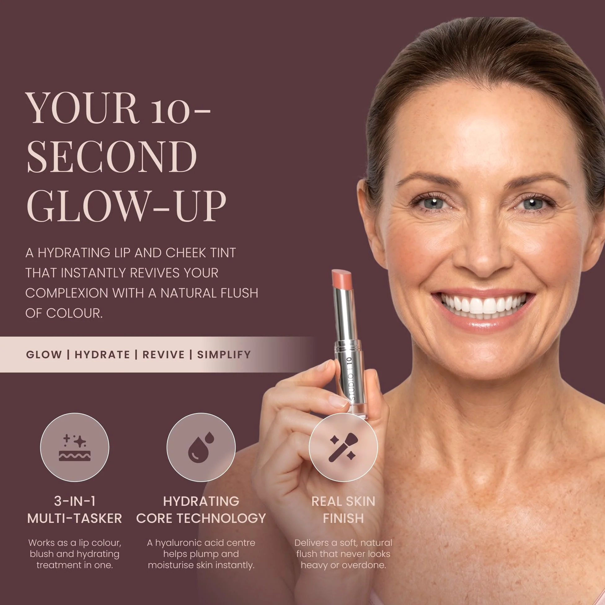 Studio 10 Wake Up & Glow Blush Stick - Tinta labbra e guance a lunga durata per fard leggeri, fard in crema per pelli mature - con nucleo di acido ialuronico idratante (tonalità - pesca)
