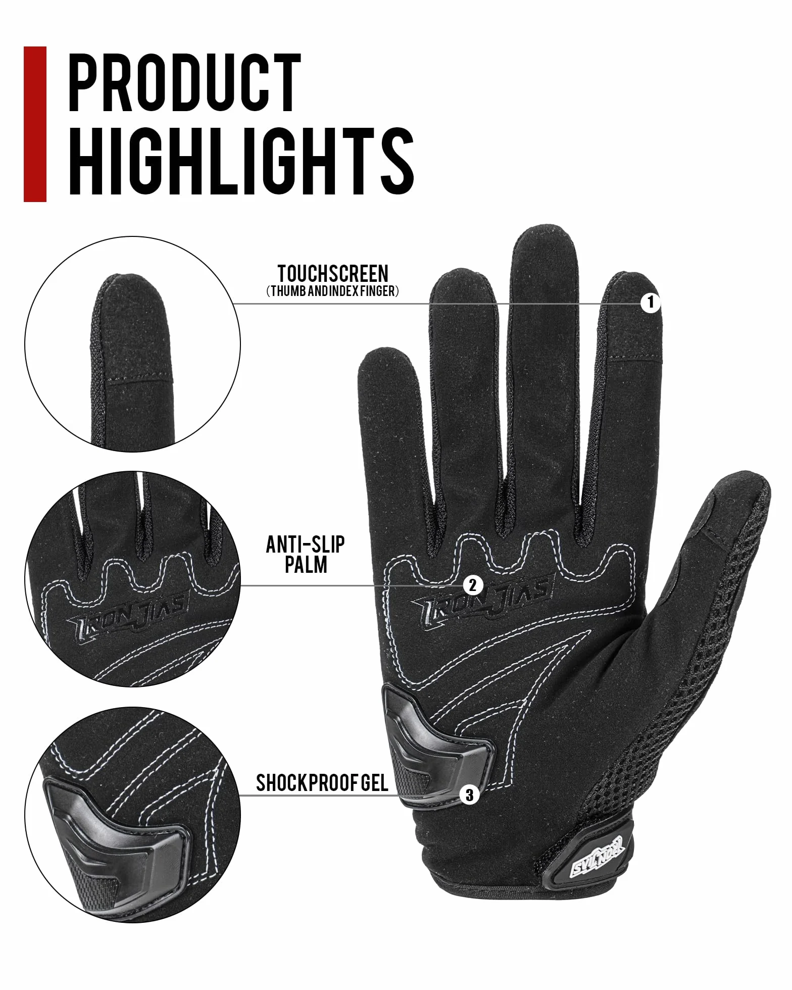Guanti Moto Uomo Estivi Touch Screen Leggero Impermeabile Traspiranti Protezione Guscio Duro Resistente Usura Nero