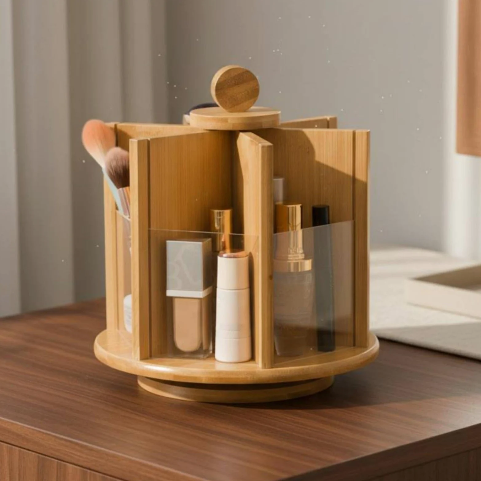 Organizer Rotante Porta Cosmetici Porta Trucco Porta Pennelli Porta Gioielli Realizzato in Bambù E Acrilico con Rotazione a 360 Gradi Adatto per Donna Scrivania Casa, Brown