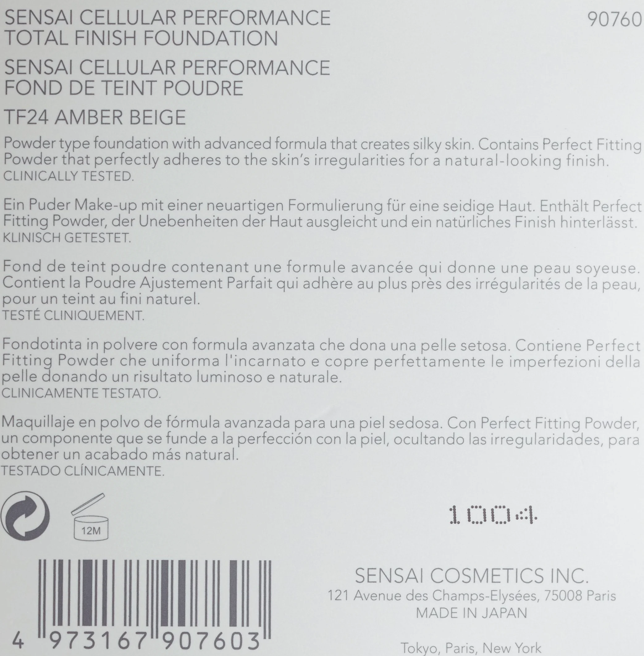 Sensai, Cellular Performance, Ricarica per fondotinta anti-età Total Finish, n. TF 24 Amber Beige, 12 g