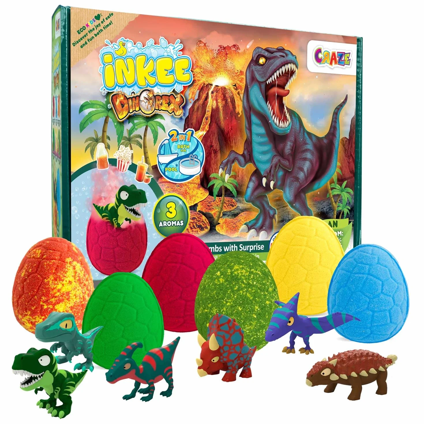 INKEE Scatola con 6 bombe da bagno con sorpresa de Dinosauro per bambini, Idea Regalo, giochi da bagno
