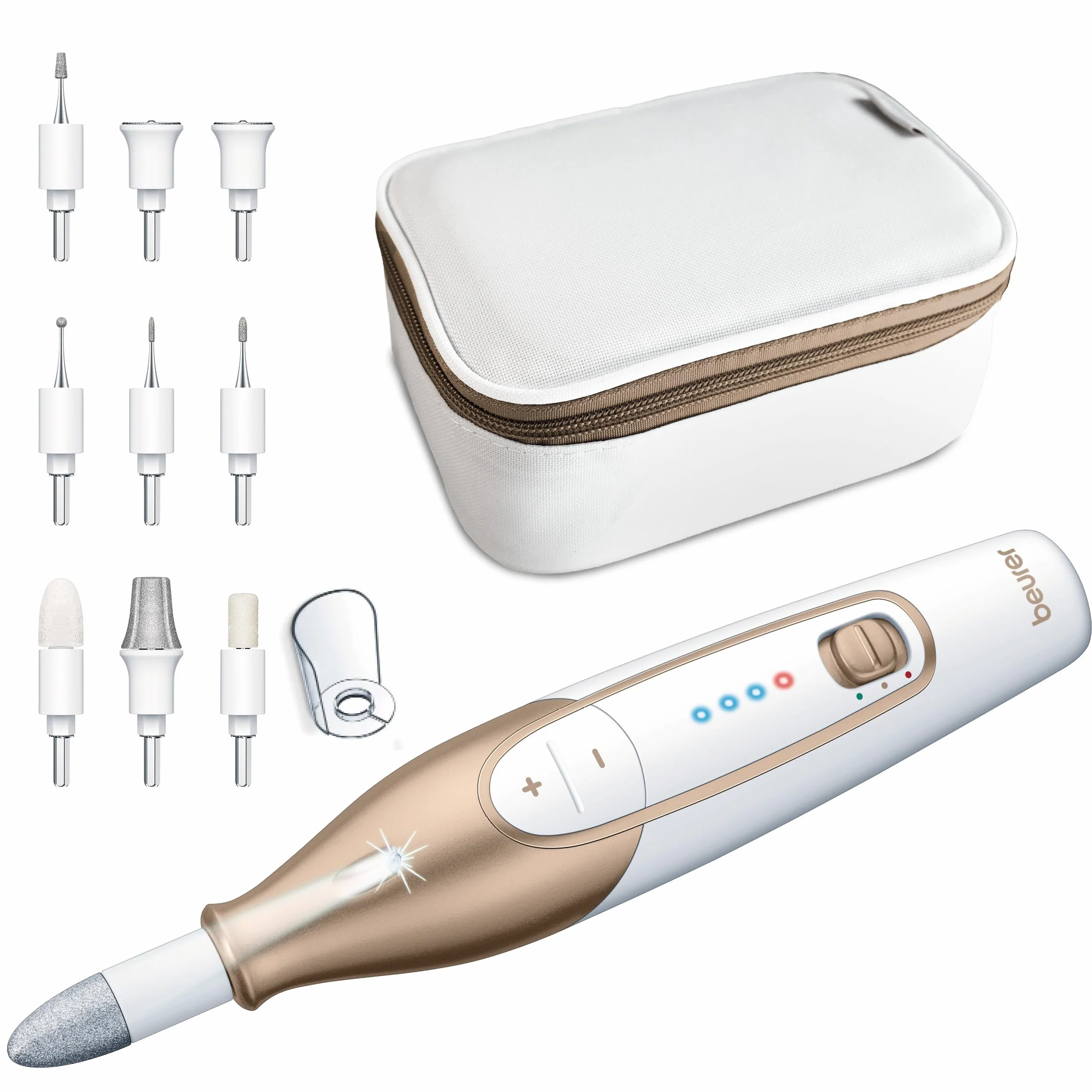 Beurer MP 64 Fresa per Unghie Professionale, 10 Accessori, 4.400 giri/min, Luce LED, Bianco e Oro