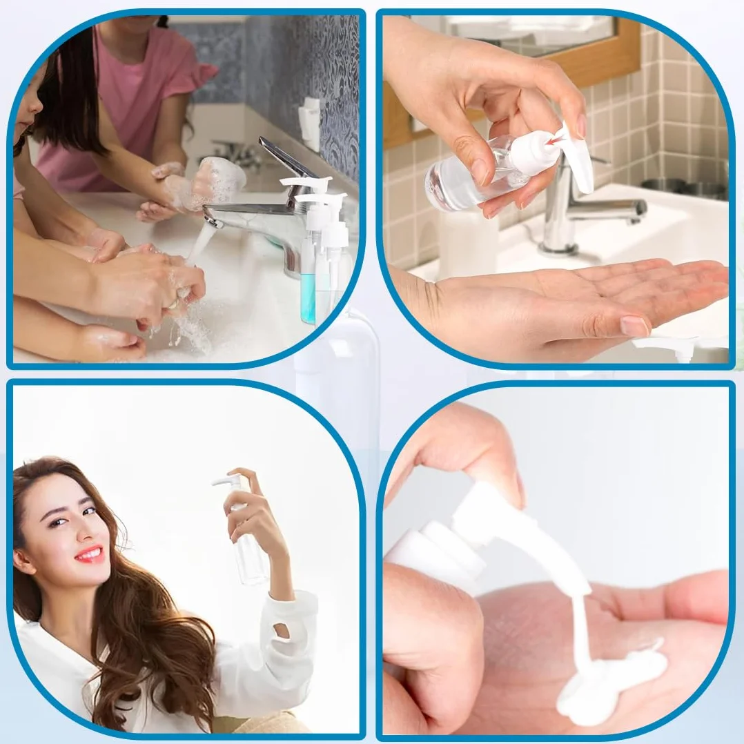 4 Pezzi Flaconi da Viaggio, 60 ml Bottiglie da Viaggio Trasparenti, Pompa da Viaggio in Plastica Dispenser, Boccette Contenitori Ricaricabile, per Lozione Emulsione Olio Pulizia Shampoo Gel Doccia