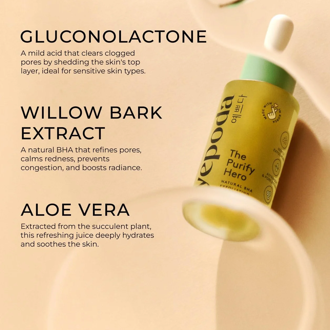 Yepoda The Purify Hero, siero esfoliante coreano con BHA naturale, minimizza i pori, favorisce il rinnovamento cellulare, vegano e adatto a tutti i tipi di pelle, 30 ml
