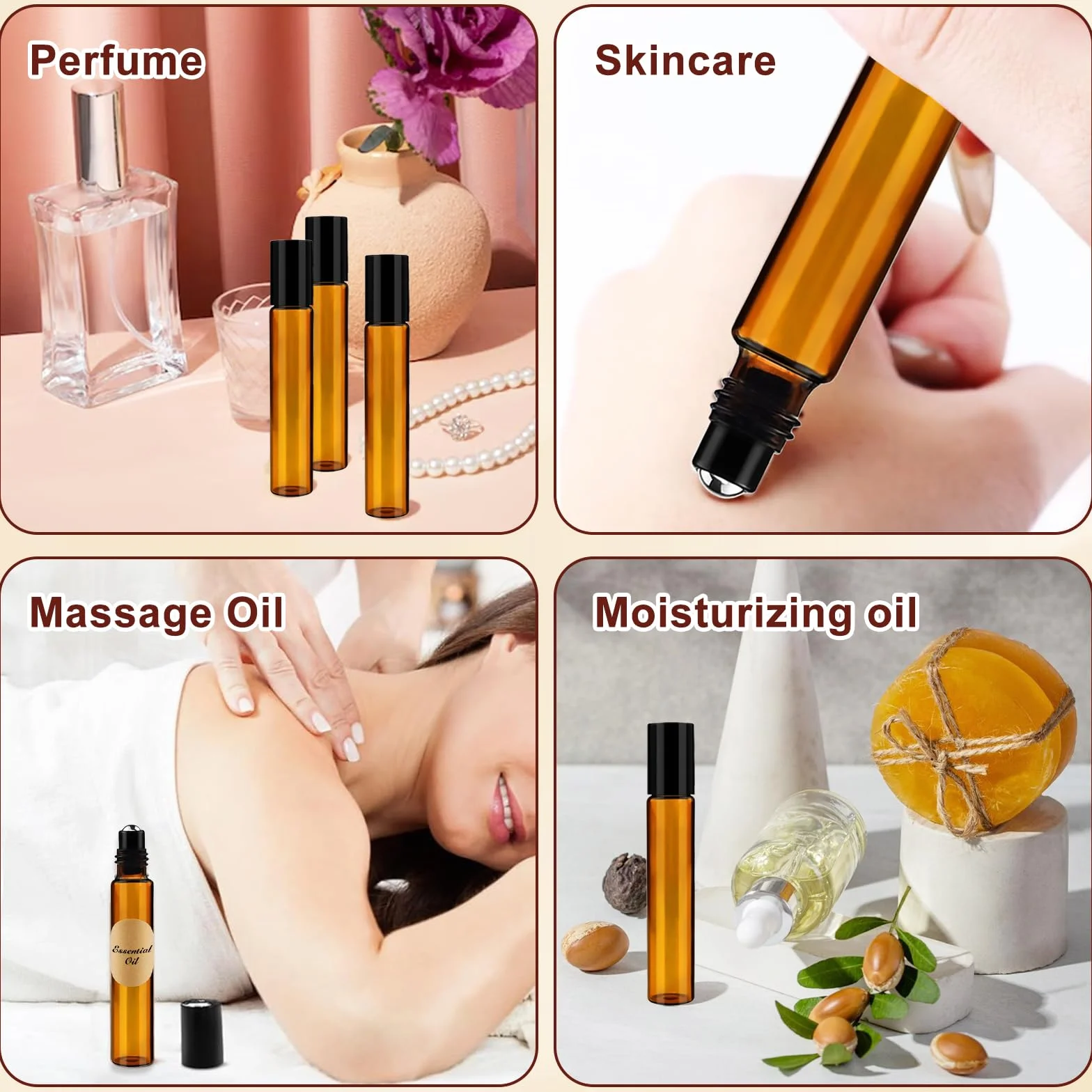 Redamancy Rollon - Bottiglie di vetro per oli essenziali, 10 ml, bottiglie roll-on, bottiglie vuote, bottiglie di vetro marrone per oli, fragranze e cosmetici