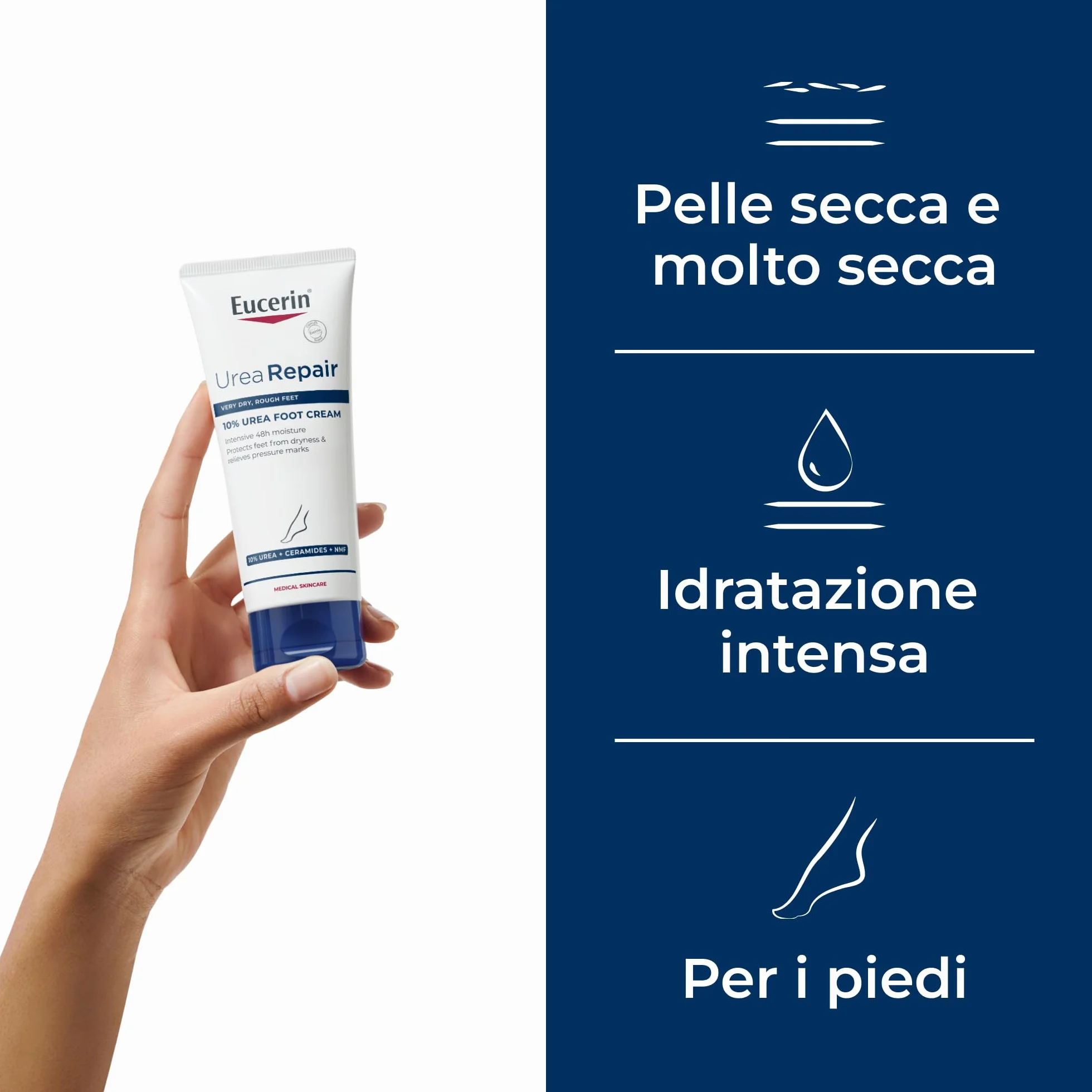 Eucerin Urea Repair Crema Piedi 10% 100 ml, idratante 48h z Ceramidami