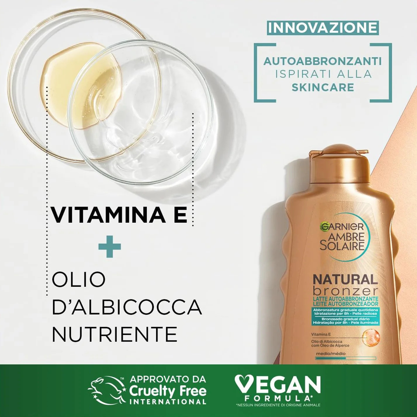 Garnier Latte Autoabbronzante Natural Bronzer Ambre Solaire, per un'Abbronzatura Uniforme e Naturale, a Rapido Assorbimento
