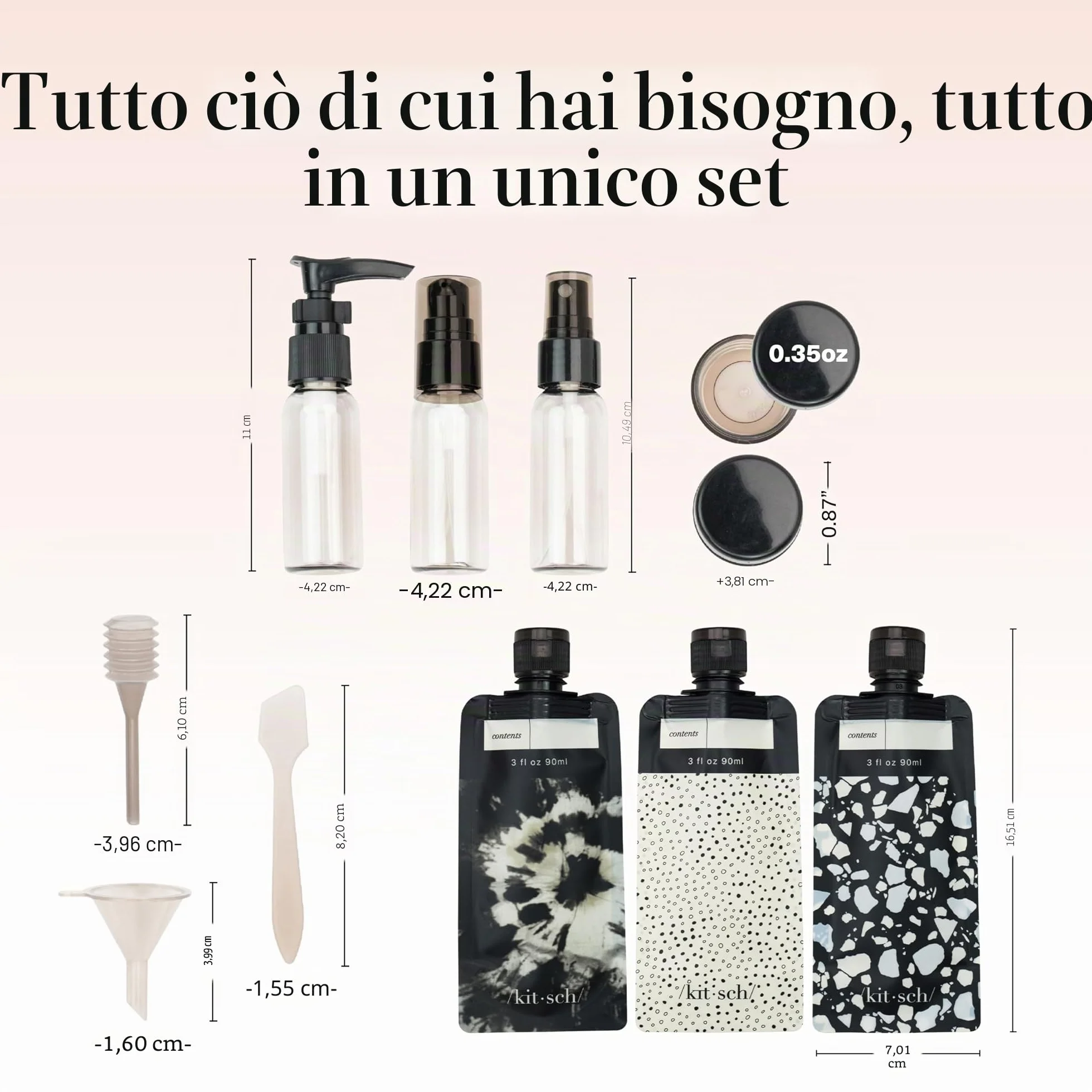 Kitsch Set da Viaggio 11 Pezzi per Toiletries – Kit Essenziale per Shampoo, Balsamo, Lozione e Altro, Contenitori Ricaricabili da Viaggio a Prova di Perdite – Nero & Avorio