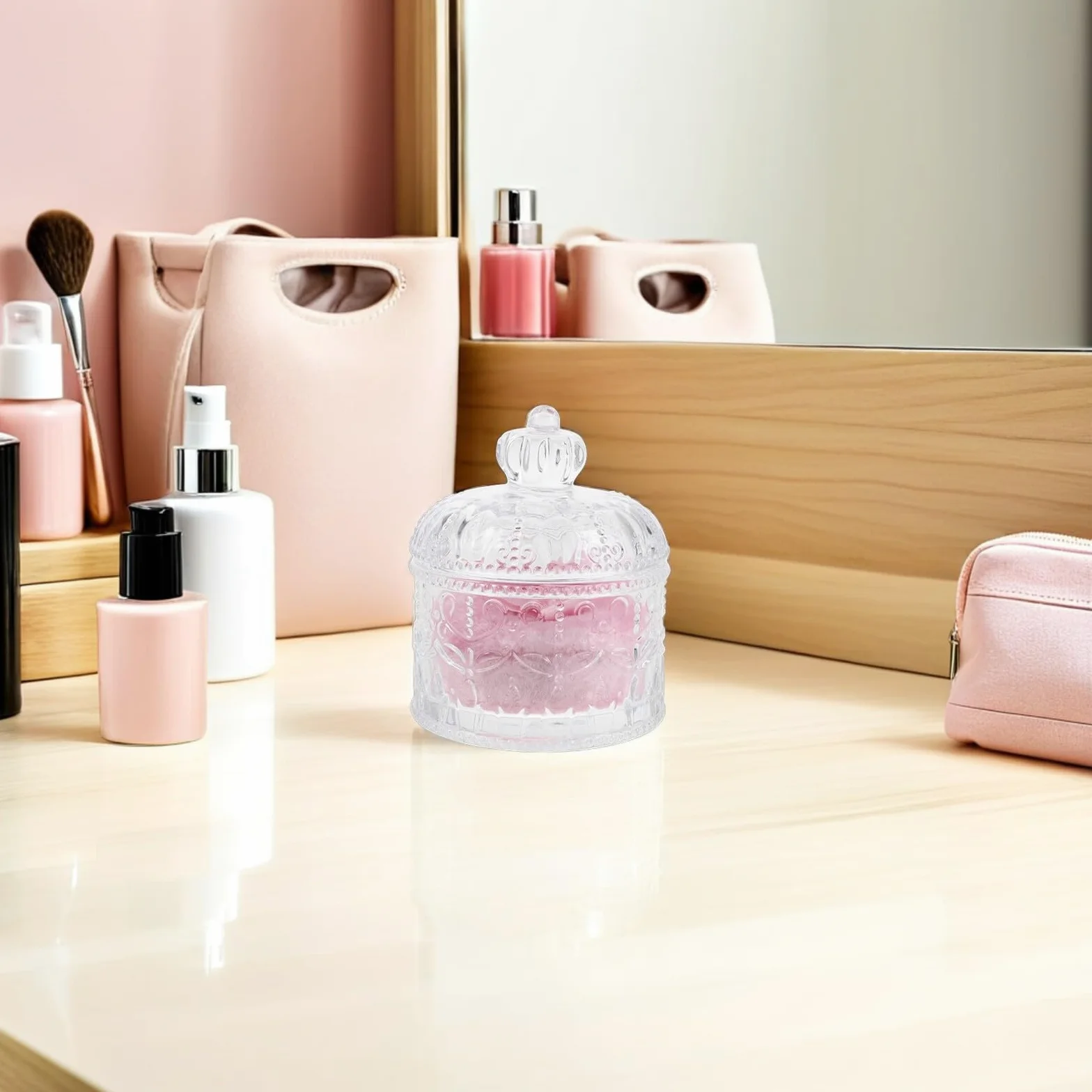 Angoily Piumino di Bellezza per Cipria in Spugna Rosa Leggero e Riutilizzabile Barattolo in Vetro per Ritocchi e Applicazione del Viso in Viaggio Dimensioni 3.34 Pollici