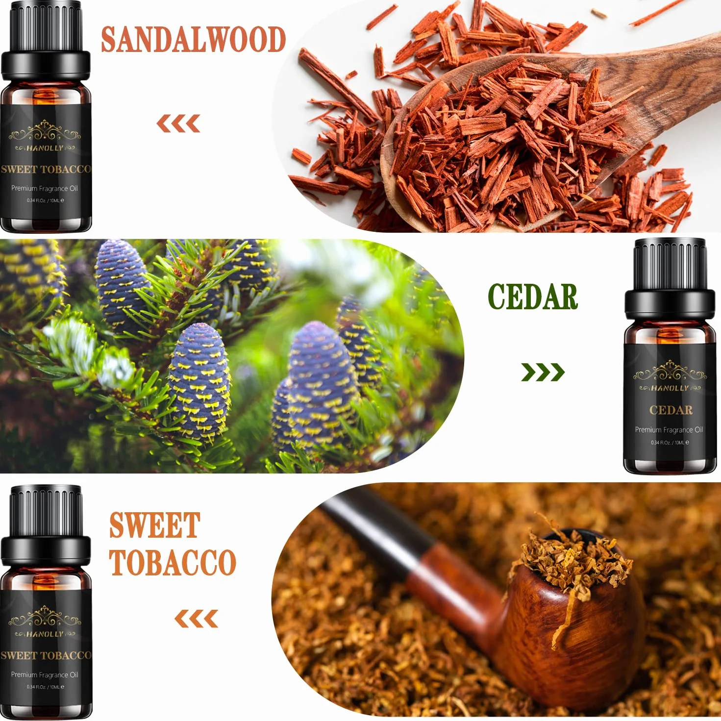 HANOLLY Oli Essenziali per Diffusori 6x10 ml, Olio Essenziale Naturale per Aromaterapia, Legno di Sandalo, Cedro, Tabacco Dolce, Rum, Colonia, Pelle