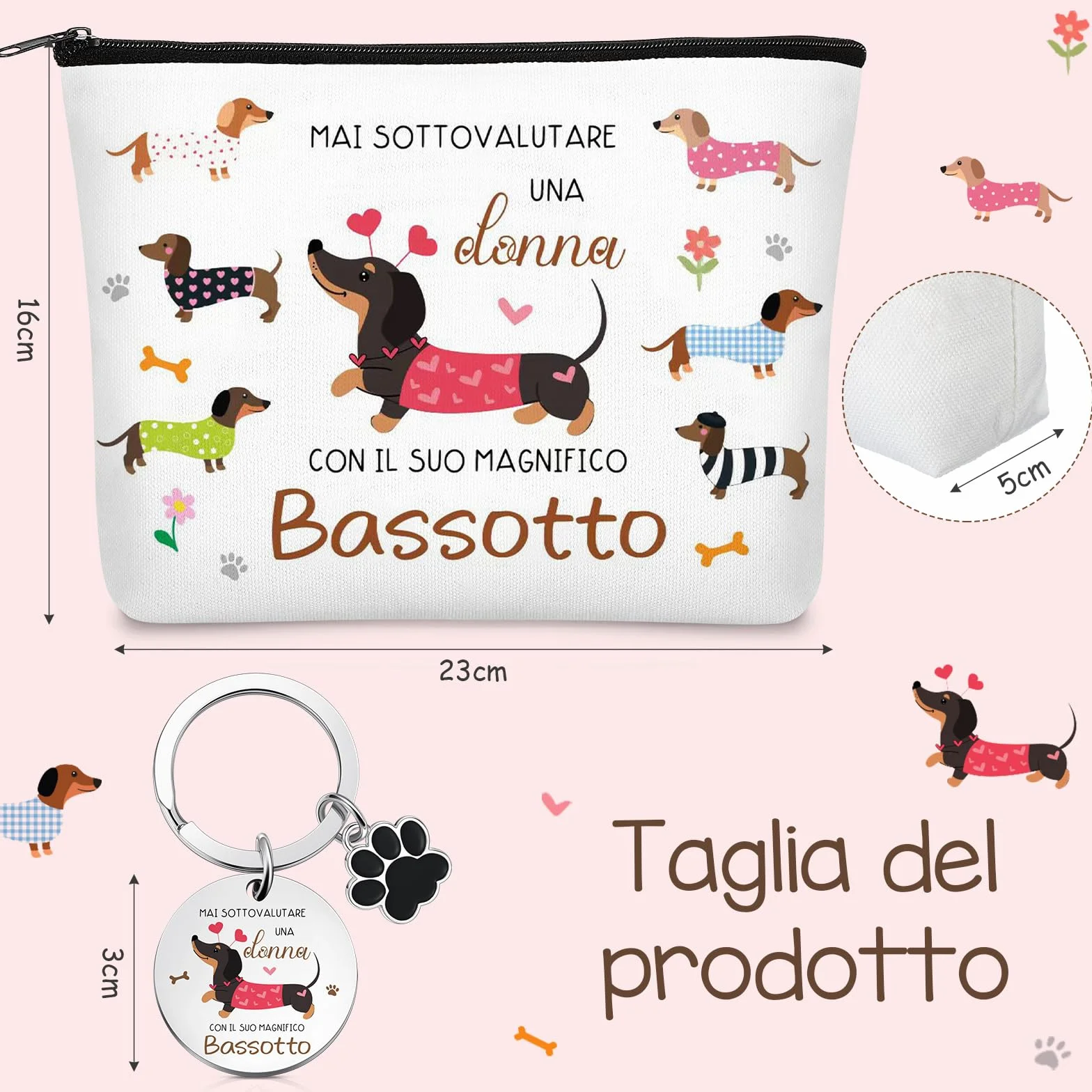 Xuniea Set Regalo Bassotto per Donna Borsa per Cosmetici con Cerniera di Bassotto Multifunzionale Grande Capacità Portachiavi Ideale per Viaggio Compleanno Natale Amica Fidanzata