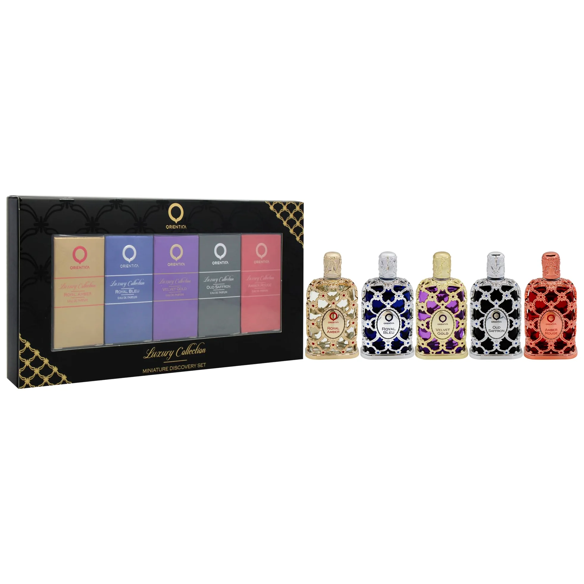 Orientica Luxury Collection Set Discovery Miniature Eau de Parfum 5 Pezzi (5 x 7.5 ml) – Amber Rouge, Royal Amber, Oud Saffron, Velvet Gold e Royal Bleu – Profumo Arabo Unisex per Donna e Uomo