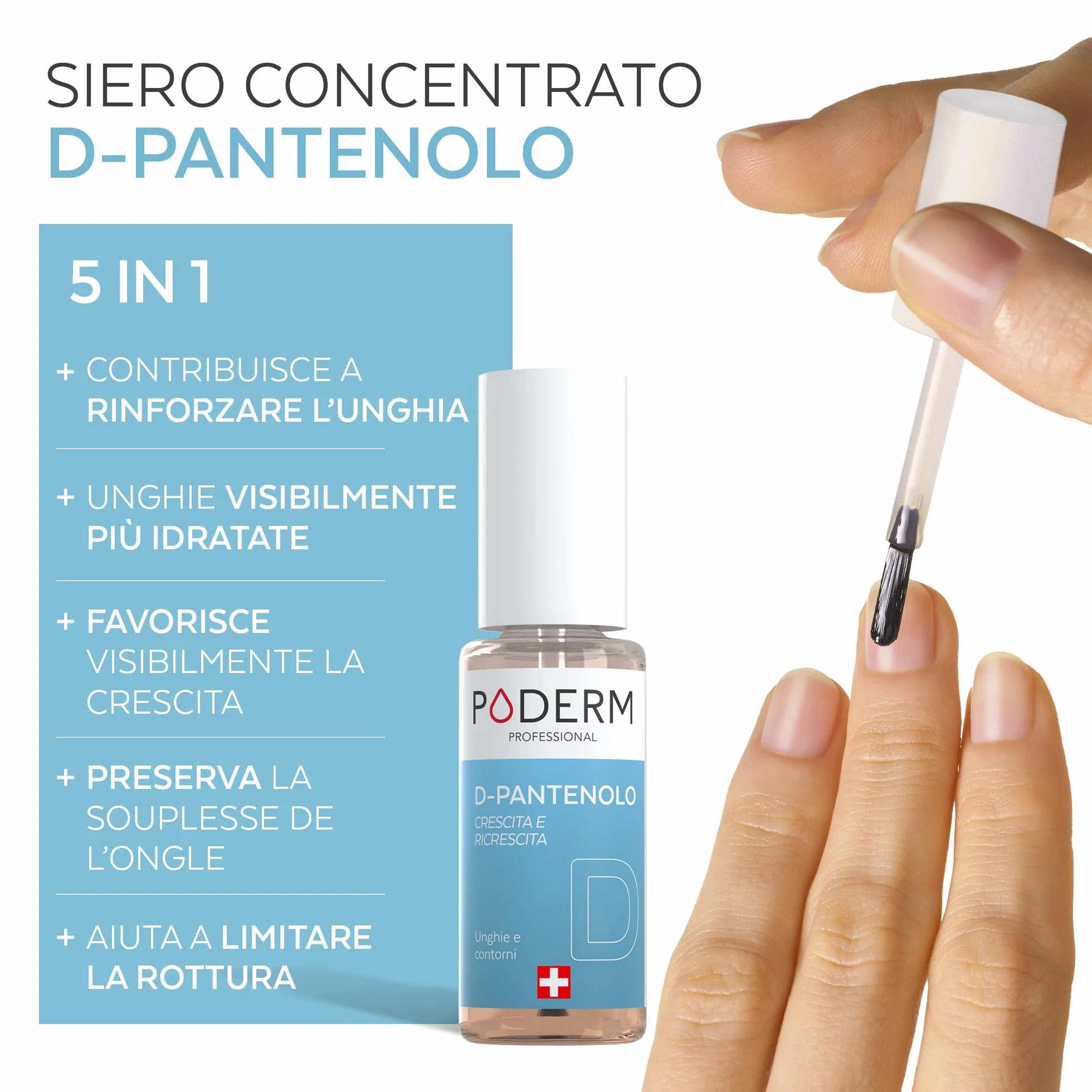 Poderm 5 in 1 Siero Booster Unghie - D-Pantenolo | Trattamento Rinforzante & Crescita per Unghie Fragili - 6 ML | Favorisce Limita la Rottura | 100% Naturale - Sviluppato da un Podologo in Svizzera