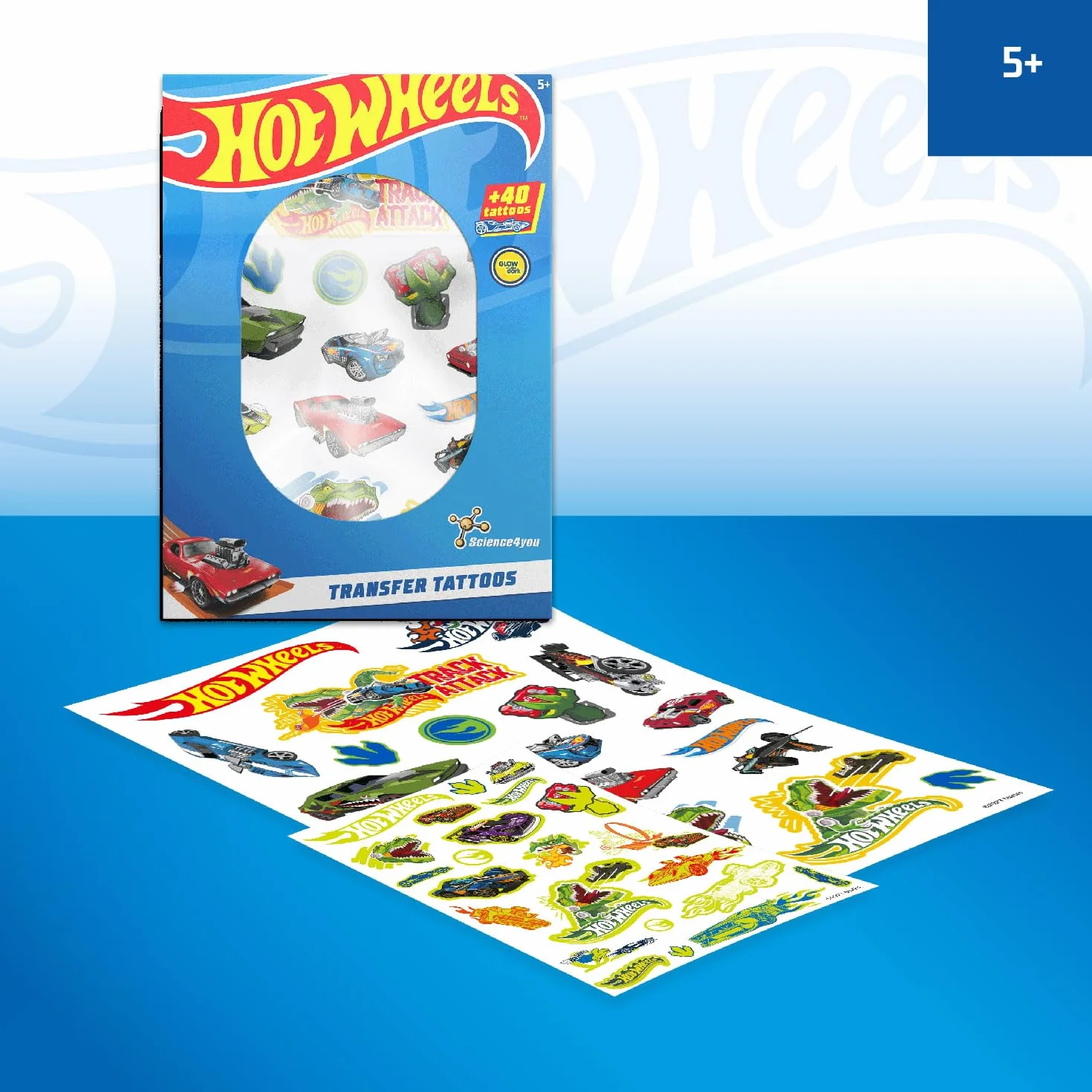 Science4you Tatuaggi Temporanei - 40 Auto Hot Wheels, Kit di Tatuaggi Trasferibili per Bambini, il Regalo per Bambini e Bambine di età Compresa tra 5, 6, 7, 8 e 9 anni