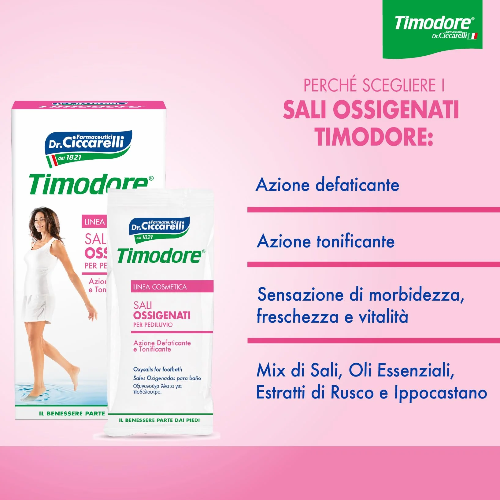 Timodore, Sali Ossigenati, Mix di Sali e Olii Essenziali per Gambe e Piedi Stanchi, Donano una Rinnovata Morbidezza e Freschezza, 100% Made in Italy, Dermatologicamente Testato, 400 gr