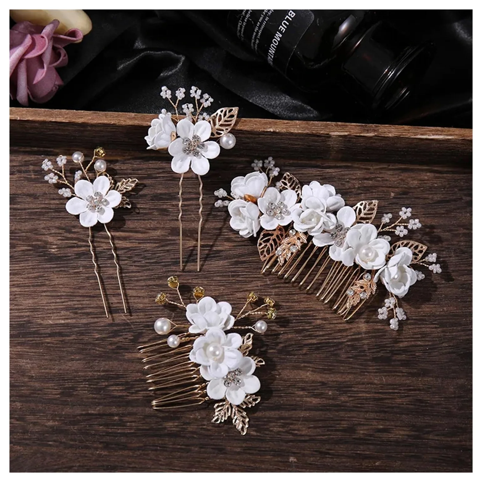 Palillos Para El Pelo Set di 4 pettini for capelli con fiori di cristallo e forcine for capelli, con perle e strass, set di gioielli da sposa, accessori for nozze(Pink)
