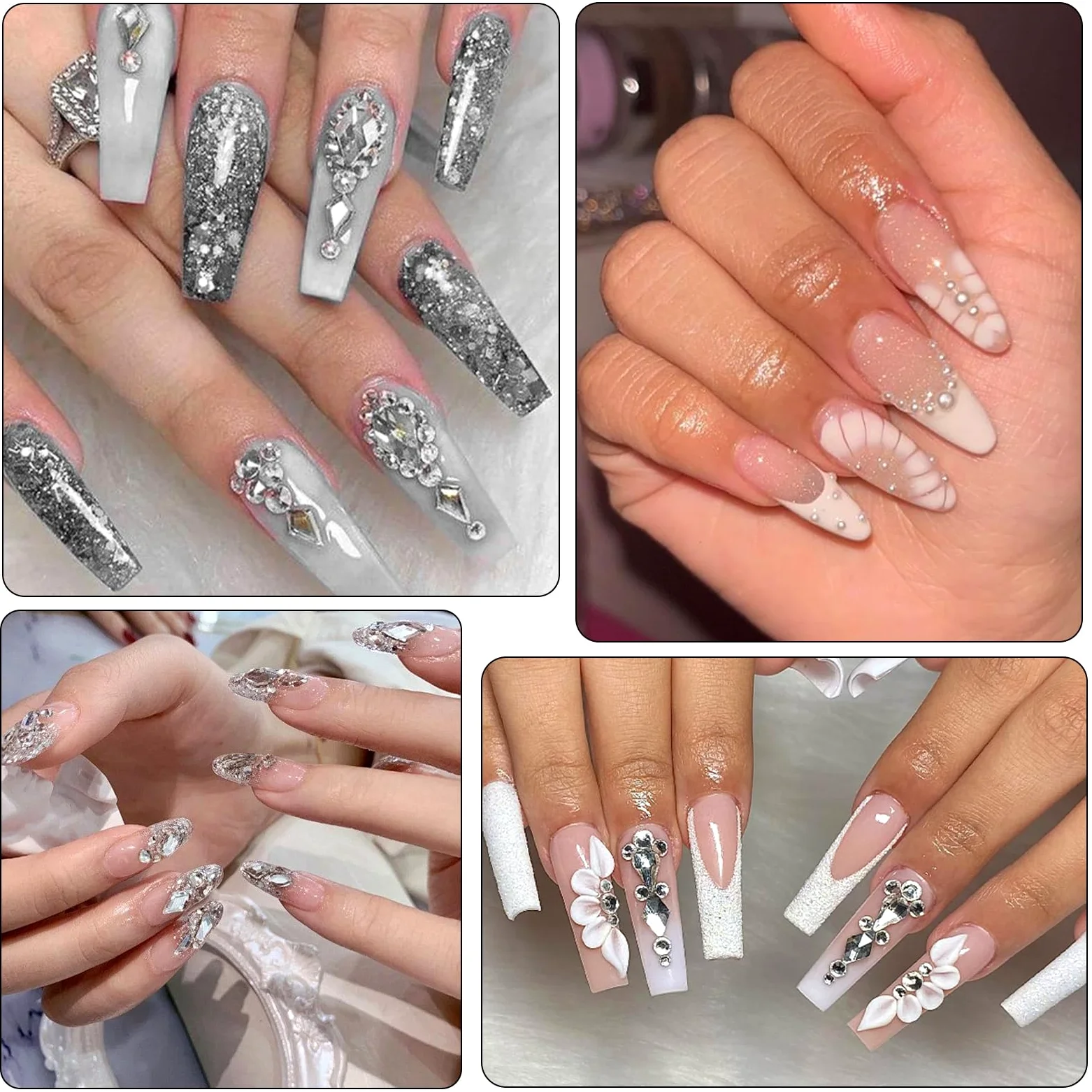 Strass bianchi per unghie, gemme 3D di varie forme, perline per manicure, perle, strass con retro piatto, con kit, per decorazione nail art