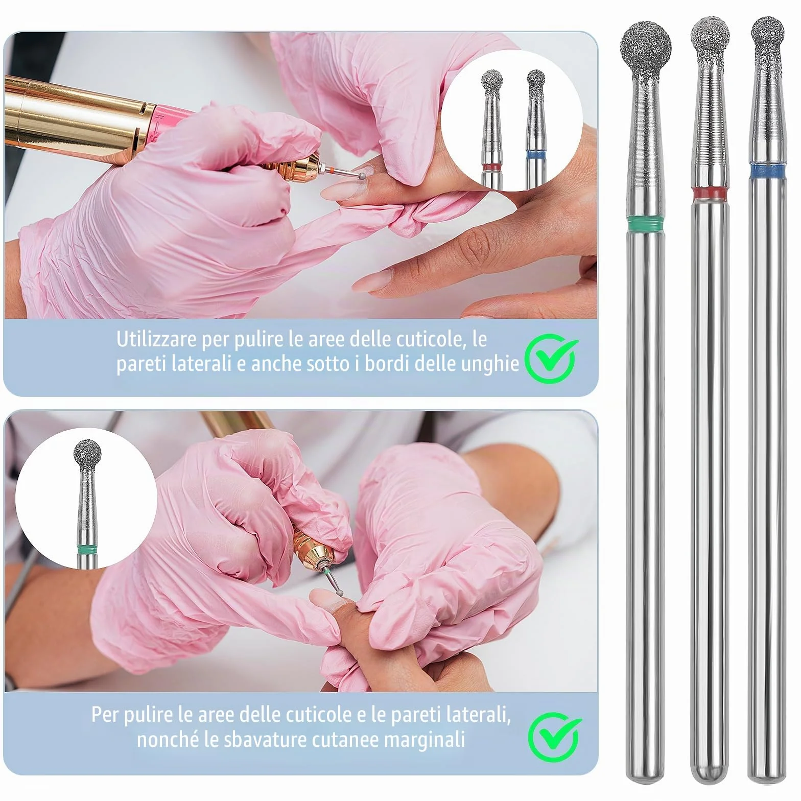 Punte Fresa Unghie Testa a Sfera 3/32" 8 Pezzi per Pulizia Cuticole Elettriche Lima Unghie Gel