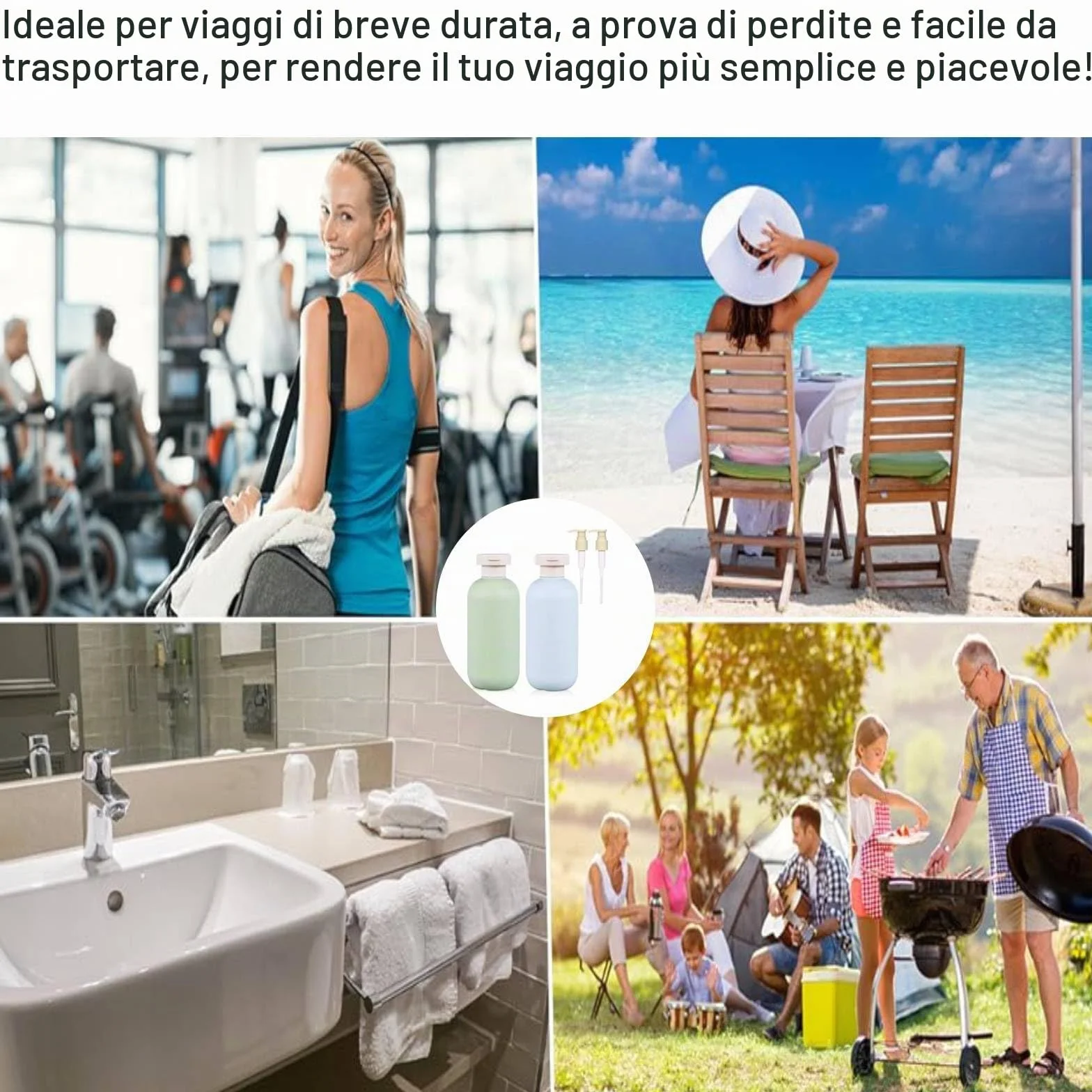Bottiglie da Viaggio per Shampoo 200ml 2 pezzi con erogatore a pompa e tappo flip, Flaconi da Viaggio Ricaricabili per Articoli da Toeletta, antiperdita per shampoo, bagnoschiuma e cosmetici