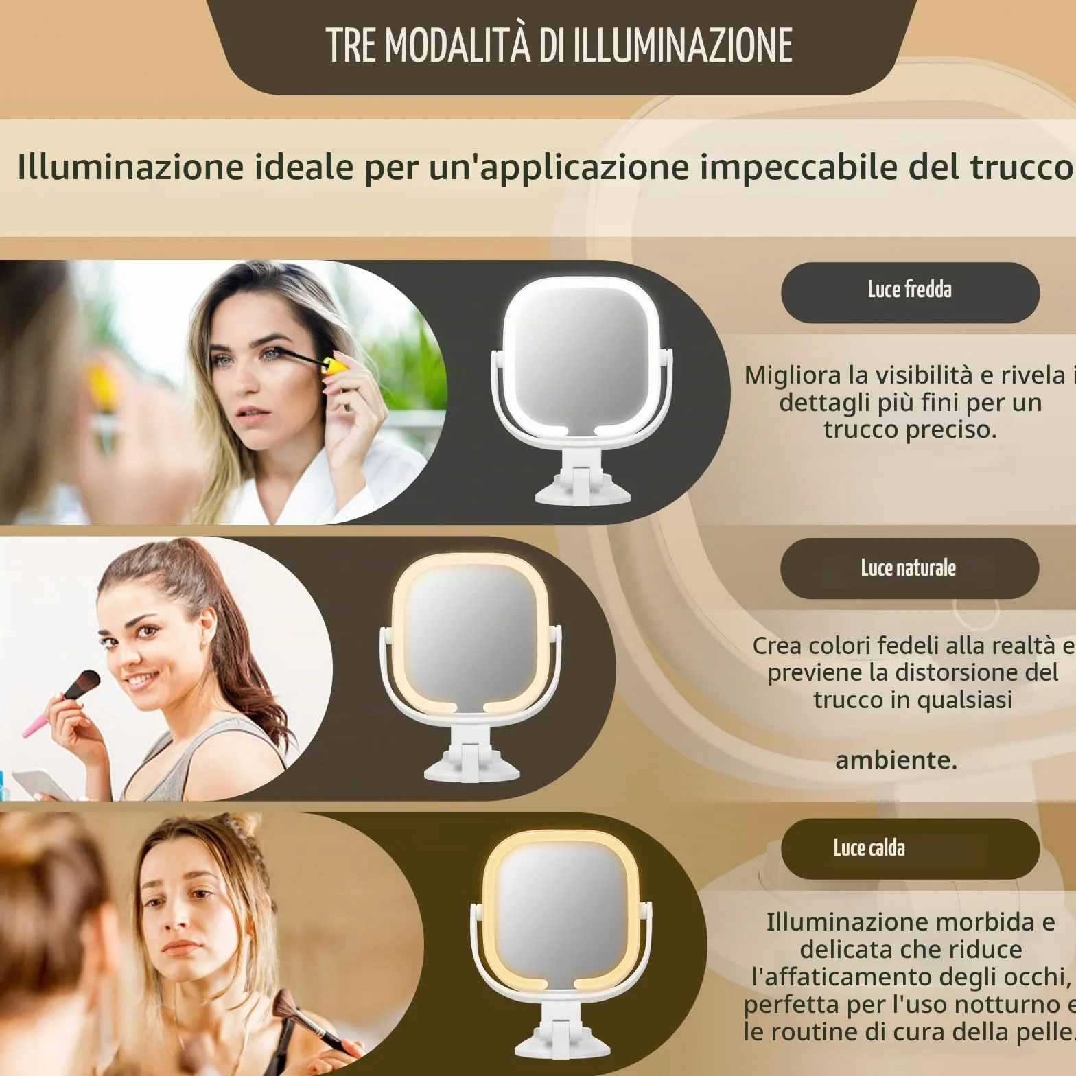 Specchio ingranditore con ventosa 30X/1X doppia faccia illuminazione 3 modalità regolabile per bagno viaggio