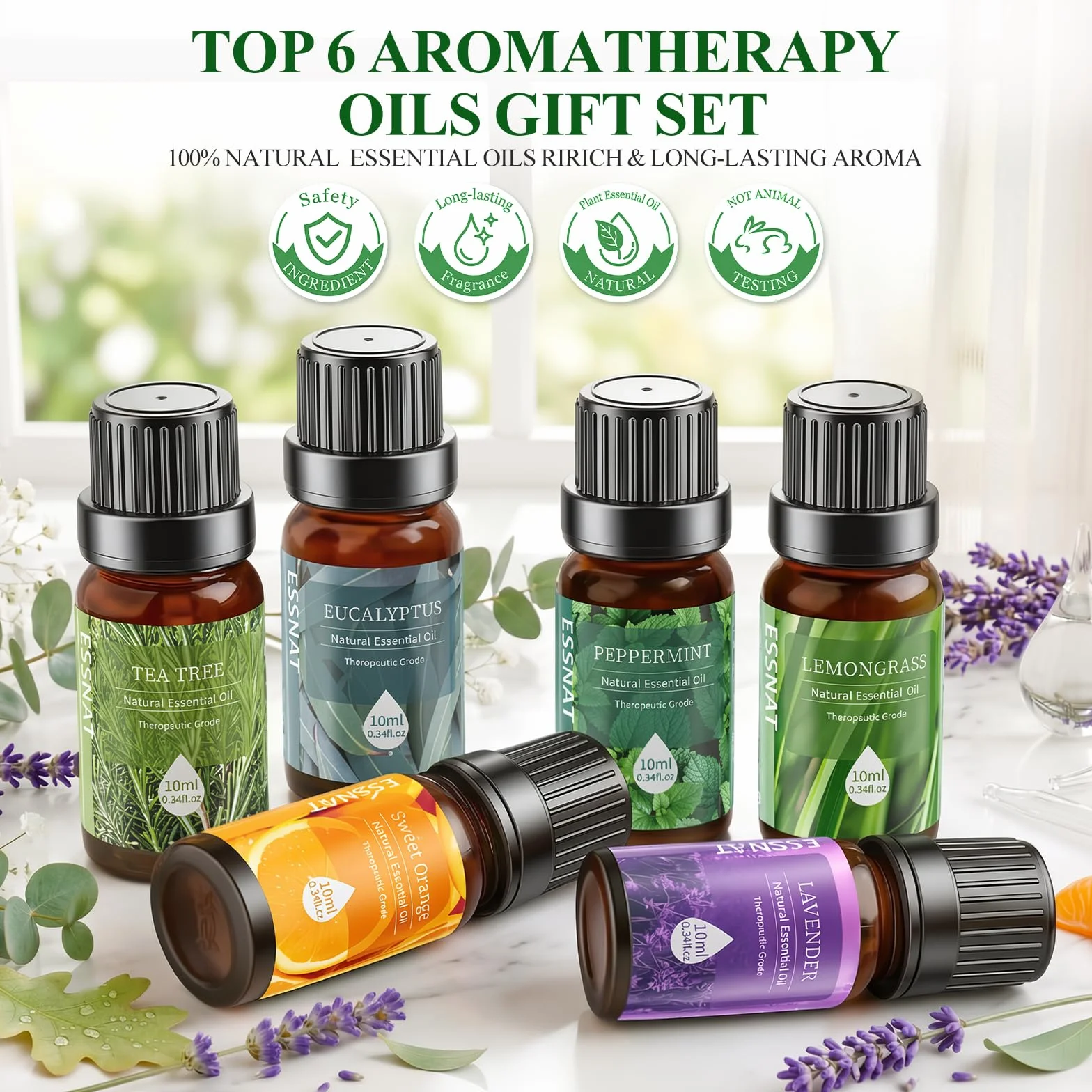 Oli Essenziali Set per Diffusore 6x10ML Aromaterapia Lavanda Menta Piperita Eucalipto Arancia Dolce Tea Tree Lemongrass