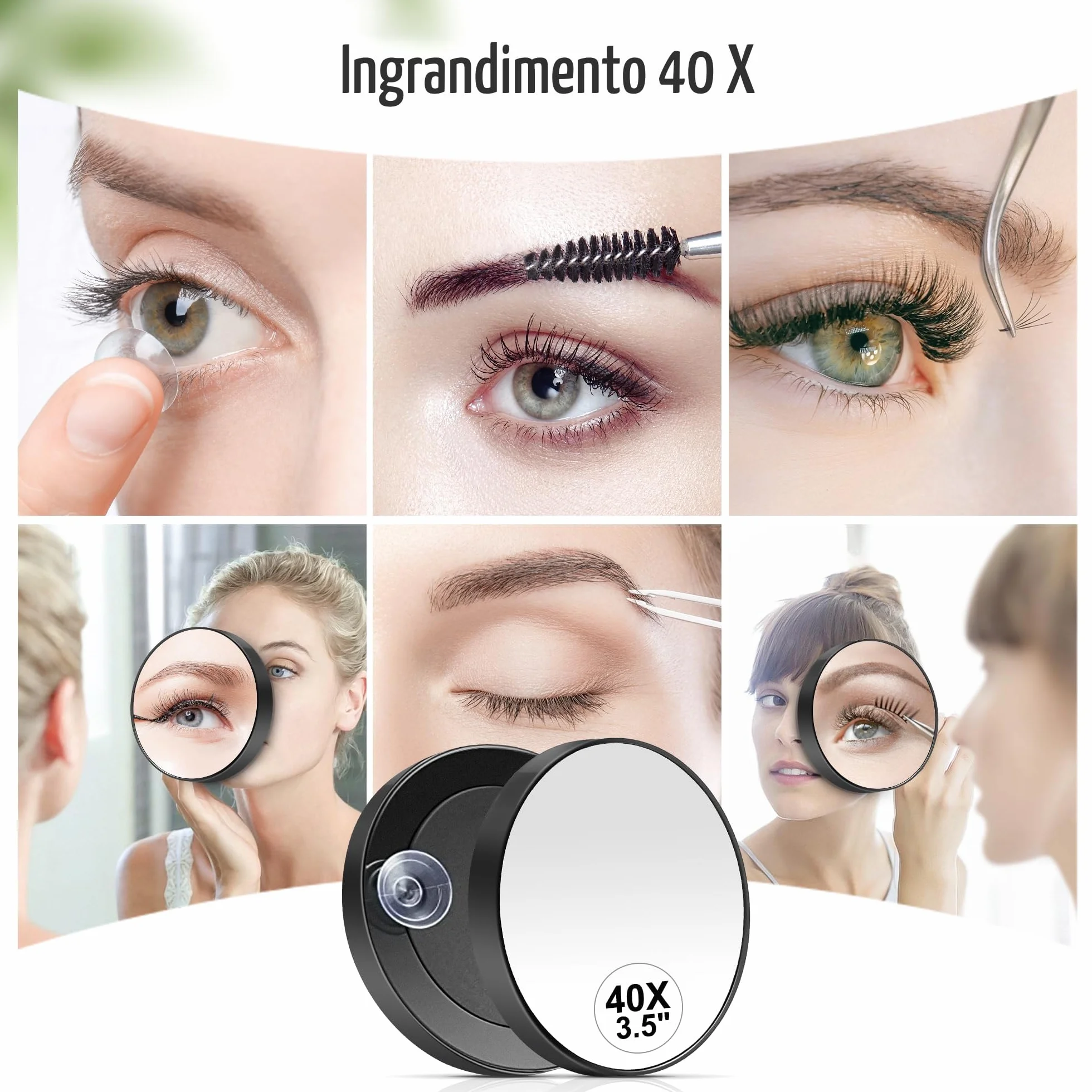 MIYADIVA Specchio ingrandimento 40x rotondo 8,9 cm ventosa pinzette acciaio inox trucco barba viaggio