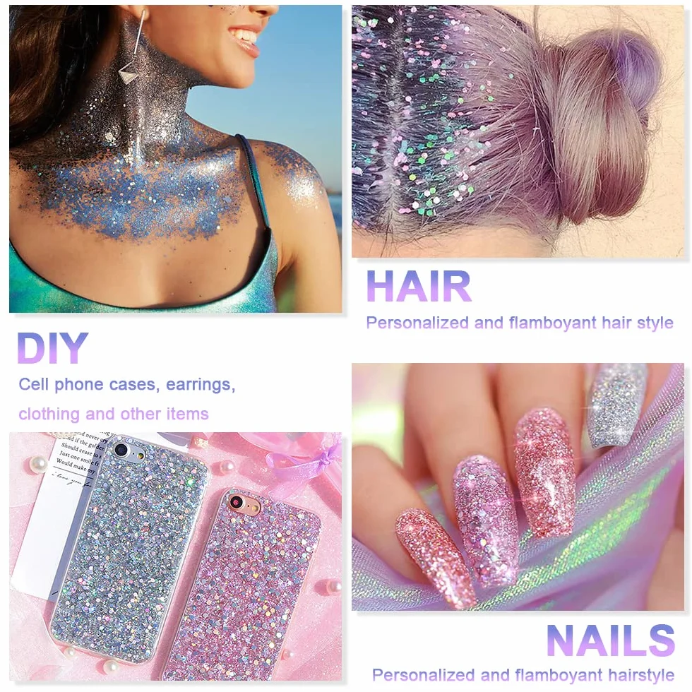 URAQT 1pcs Glitter Corpo e Viso per Unghie, Occhi, Labbra, Capelli - Gel Chunky per Musica, Festival, in Maschera(Argento)